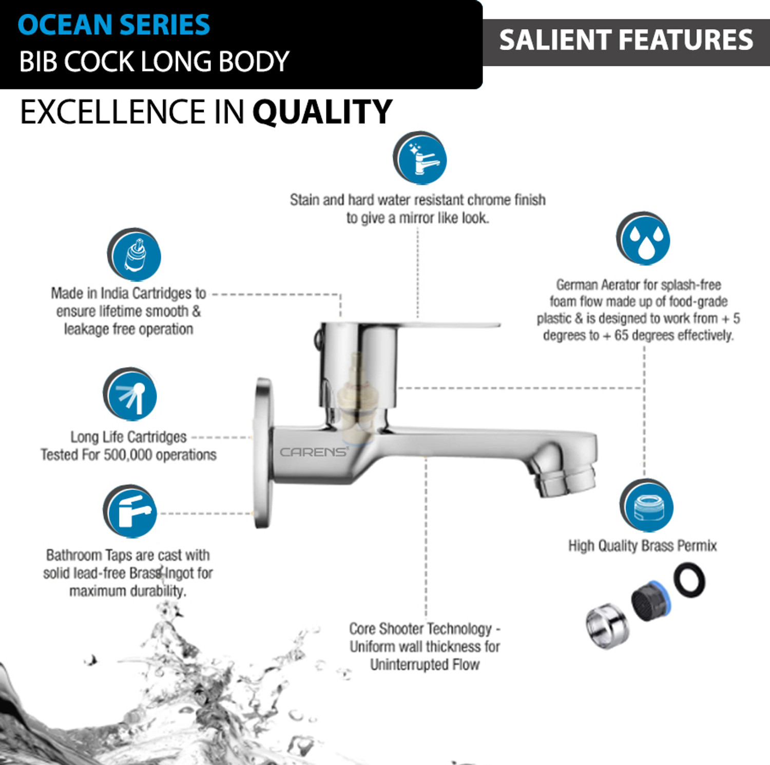 Image of Prestige Ocean Series Long Body Bib Cock Brass Tap for Bathroom Bib Tap Faucet