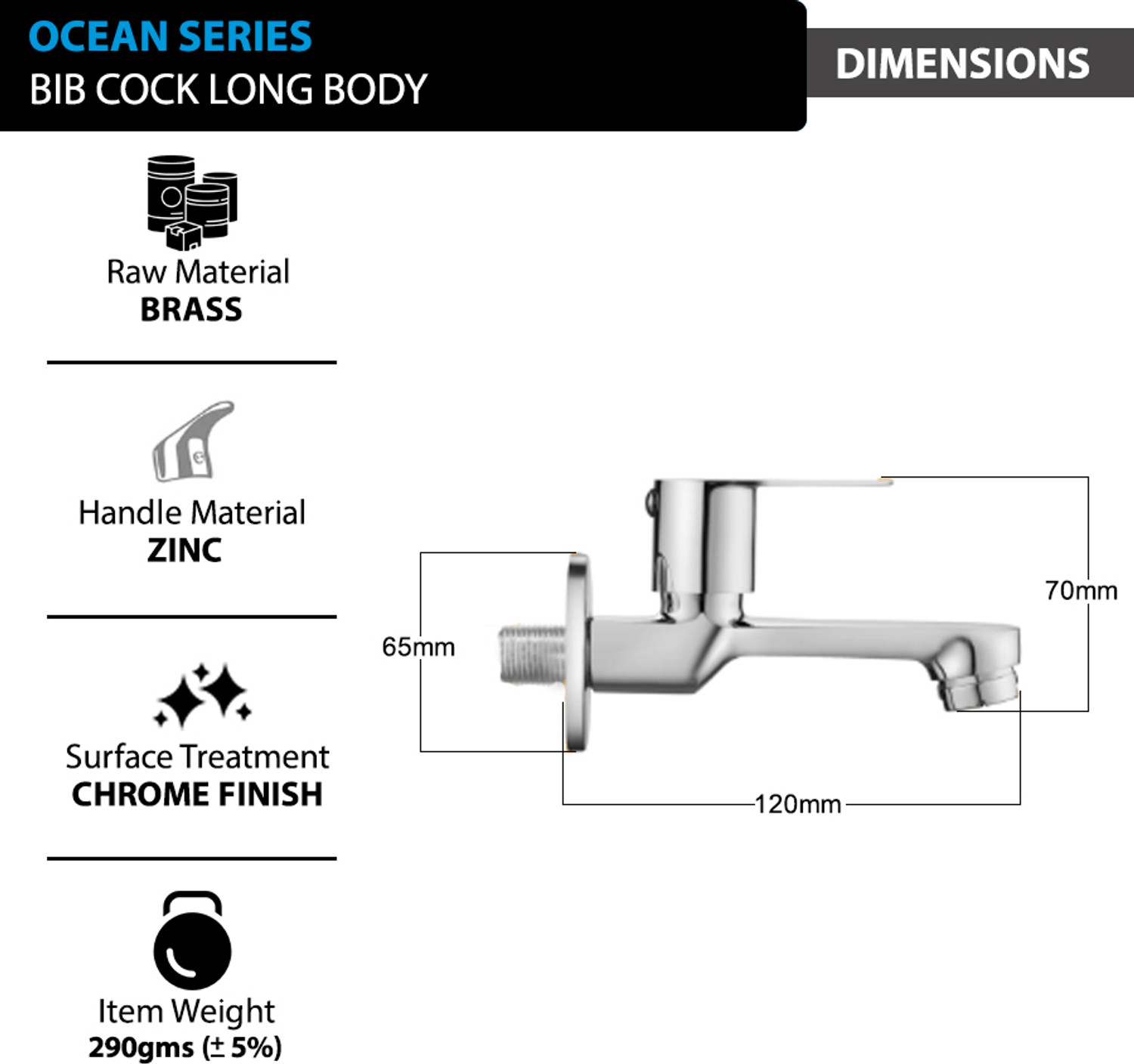 Image of Prestige Ocean Series Long Body Bib Cock Brass Tap for Bathroom Bib Tap Faucet