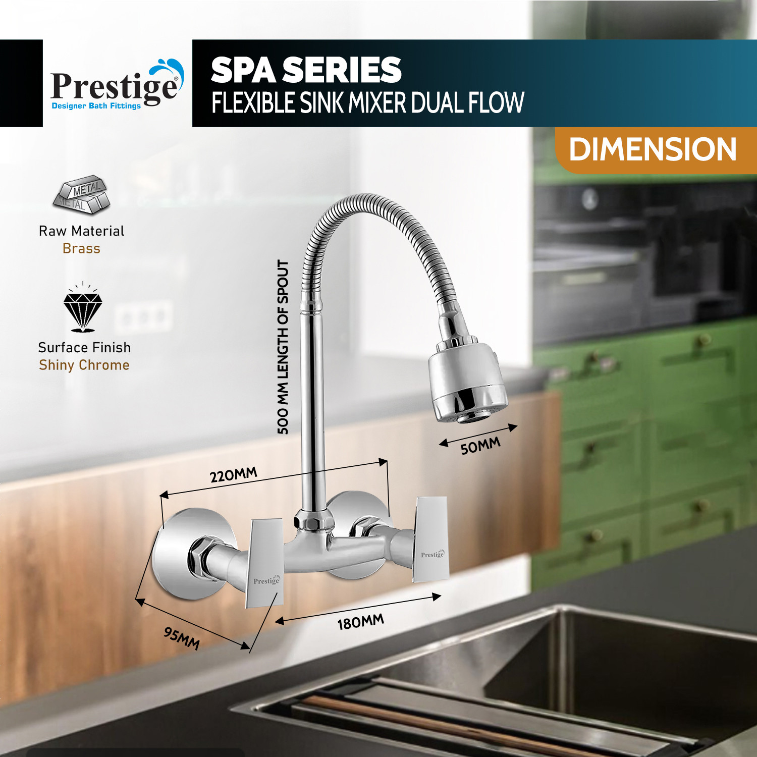 Image of Prestige SPA Sink Mixer Flex SIlver Kitchen Mixer Faucet