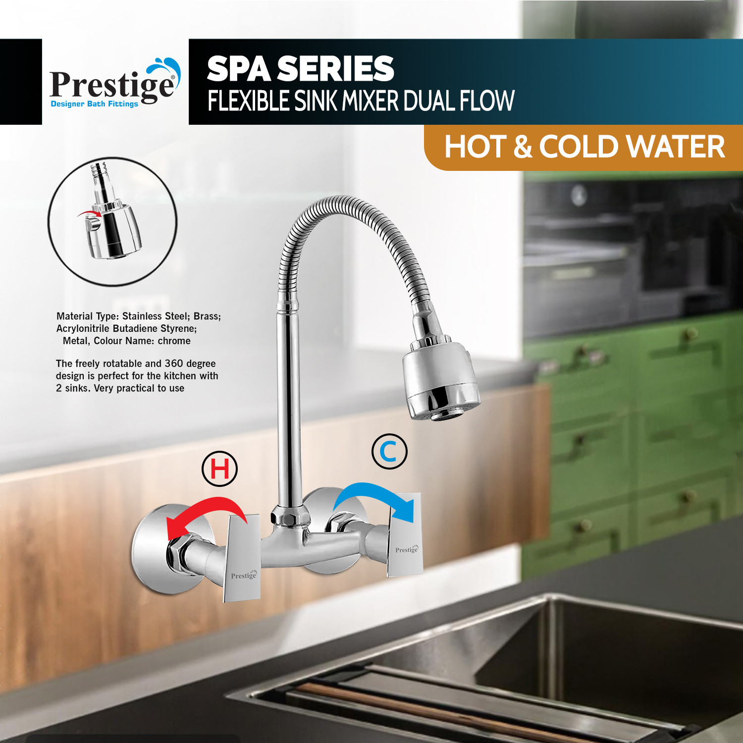 Image of Prestige SPA Sink Mixer Flex SIlver Kitchen Mixer Faucet