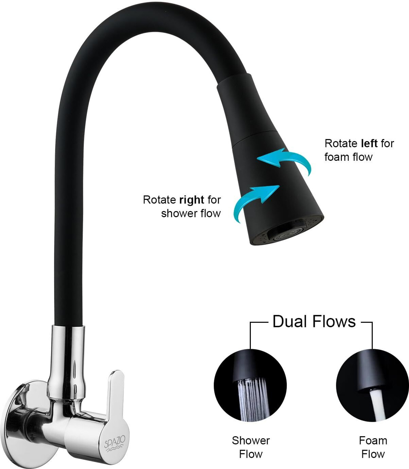 Image of Spazio SmartBuy Fusion Sink Cock-Flxo Play And 360 Degree Flexible Black Silicon Swivel Spout & Dual Flow Pattern For Hot OR Cold Water And Wall Flange Pillar Tap Faucet (Wall Mount Installation Type)