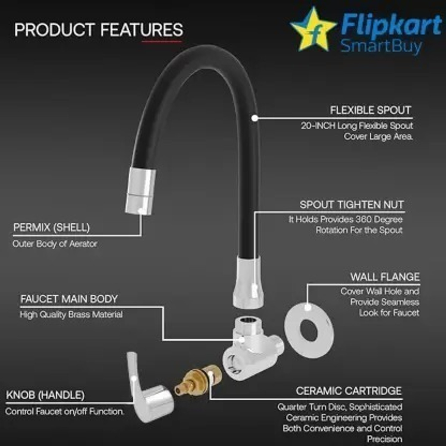 Image of Flipkart SmartBuy Topaz Flexible Sink Cock (Set of 1) Flxo Play With 360 Degree Flexible Black Silicon Swivel Spout& Single Flow Pattern For Hot OR Cold Water With Wall Flange Sink Tap Faucet