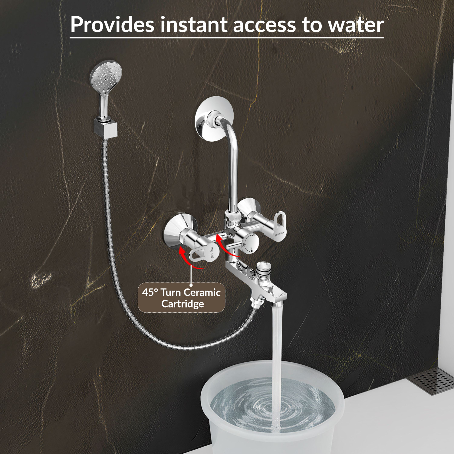 Image of Plantex Pure Brass 3-in-1 Wall Mixer with L-Bend Provision for Overhead & Hand Shower Bathroom Mixer Tap with Brass Wall Flange & Teflon Tape /Wall Mixer for Bathroom Wall Mixer Faucet
