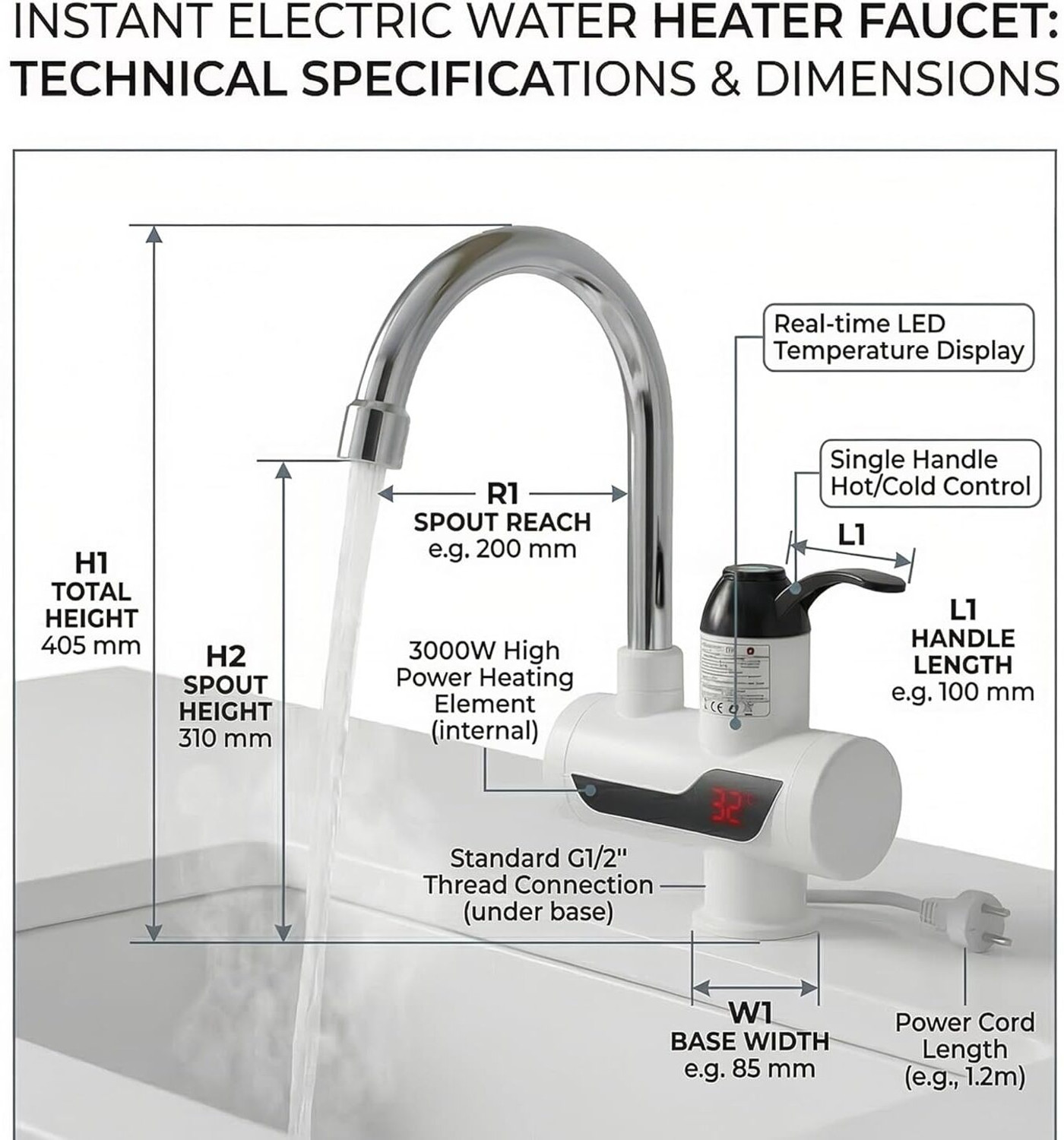 Image of HNO SALES hn-36-Instant Water Heater Faucet-without box Tankless Hot Water Heater for Kitchen & Bathroom, Adjustable Temperature Control Swan Neck Faucet (Centerset Installation Type)