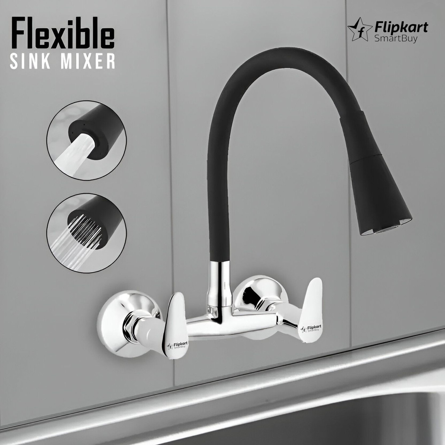 Image of Flipkart SmartBuy Vignette Brass Heavy Hot & Cold Kitchen Sink Mixer Tap With Matt Black 360 Degree Flexible Silicon Spout With Dual Flow Pattern, For Kitchen Sink / Sink Mixer Faucet