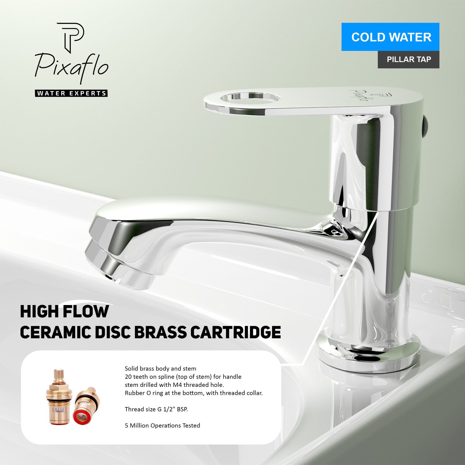 Image of PIXAFLO Admix Pillar Tap for Wash Basin | Steel Finish | Brass | Cold Water Pillar Tap Faucet