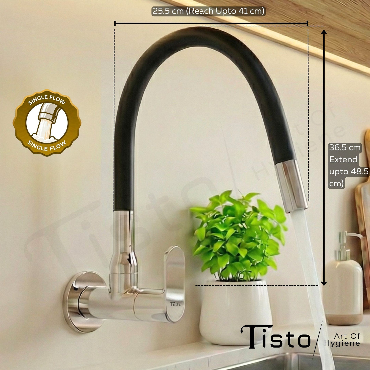 Image of Tisto Flexible Kitchen Sink Tap with Wall Flange | Single Flow | 360 Degree Spout Sink Tap Faucet