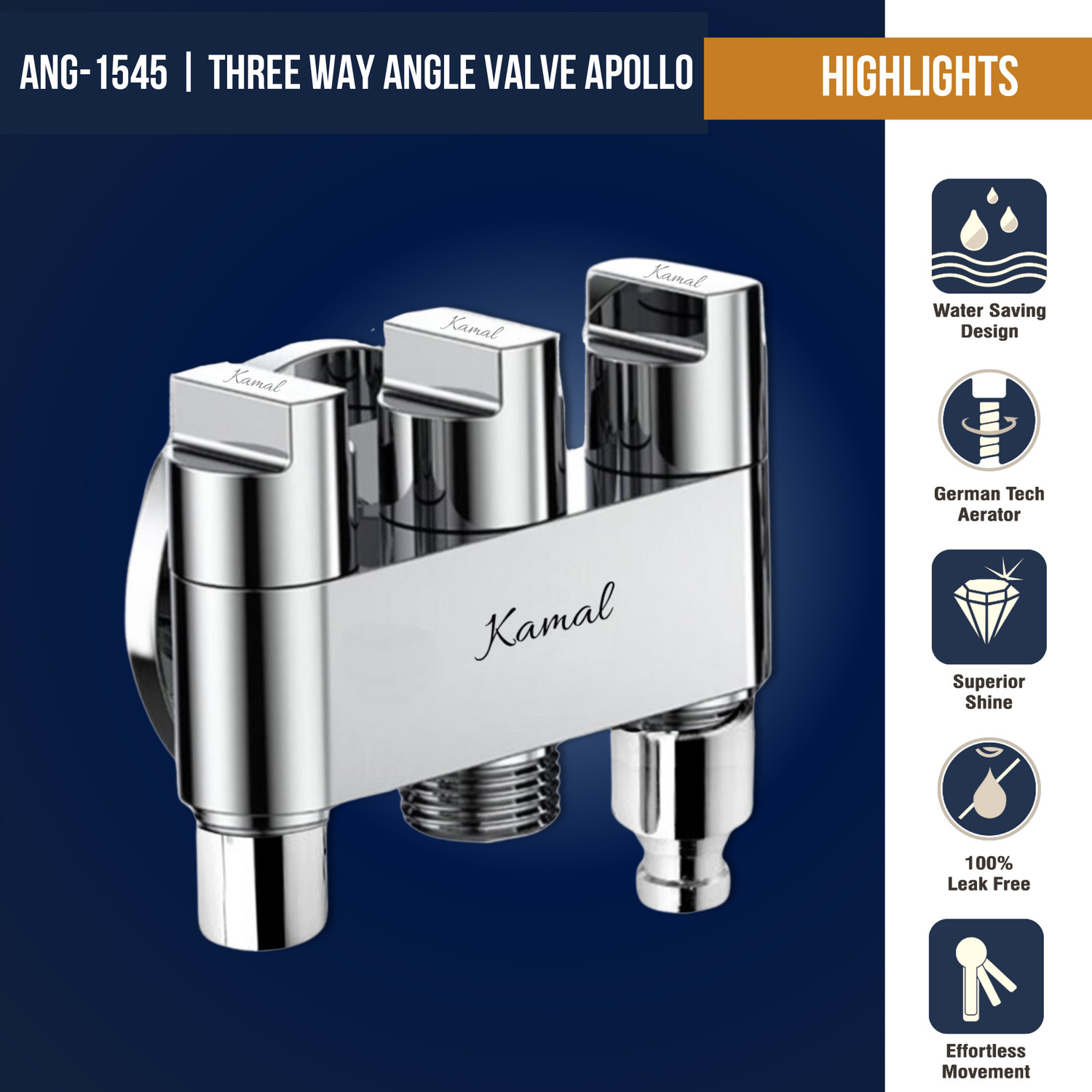 Image of KAMAL Three in One Brass Angle Valve with Wall Flange, Foam Flow Aerator & Washing Machine Nozzle for Health Faucet, Jet Spray | Chrome Finish 3 Way Control Tap Angle Cock Faucet