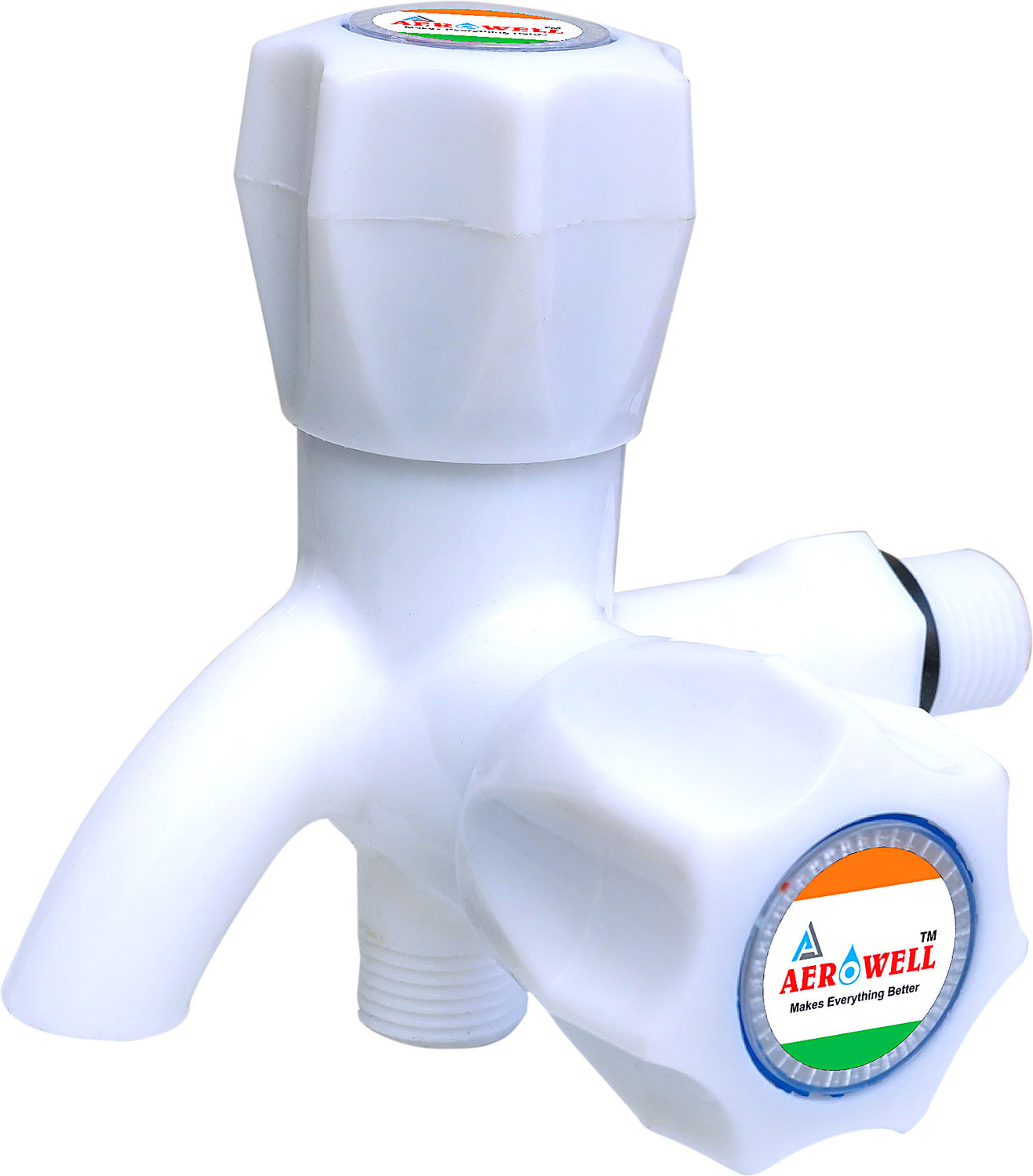 Image of aerowell PVC White 2 In 1 Water Tap 2 Way With Flange Pack Of 1 Bib Tap Faucet