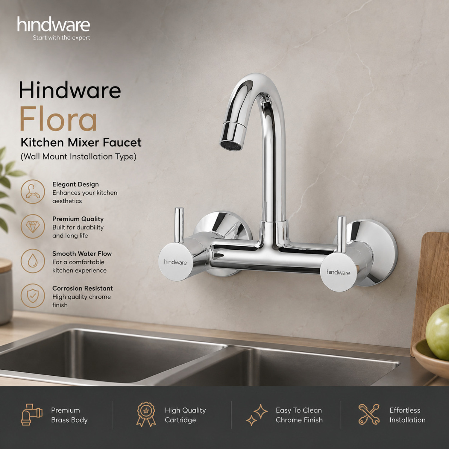 Image of Hindware by Hindware Dove Sink Tap for Kitchen | Swivel Spout | Deck Mount Installation Made of Brass Mirror-like Chrome Polish Finish Rust Resistant Pillar Tap Faucet