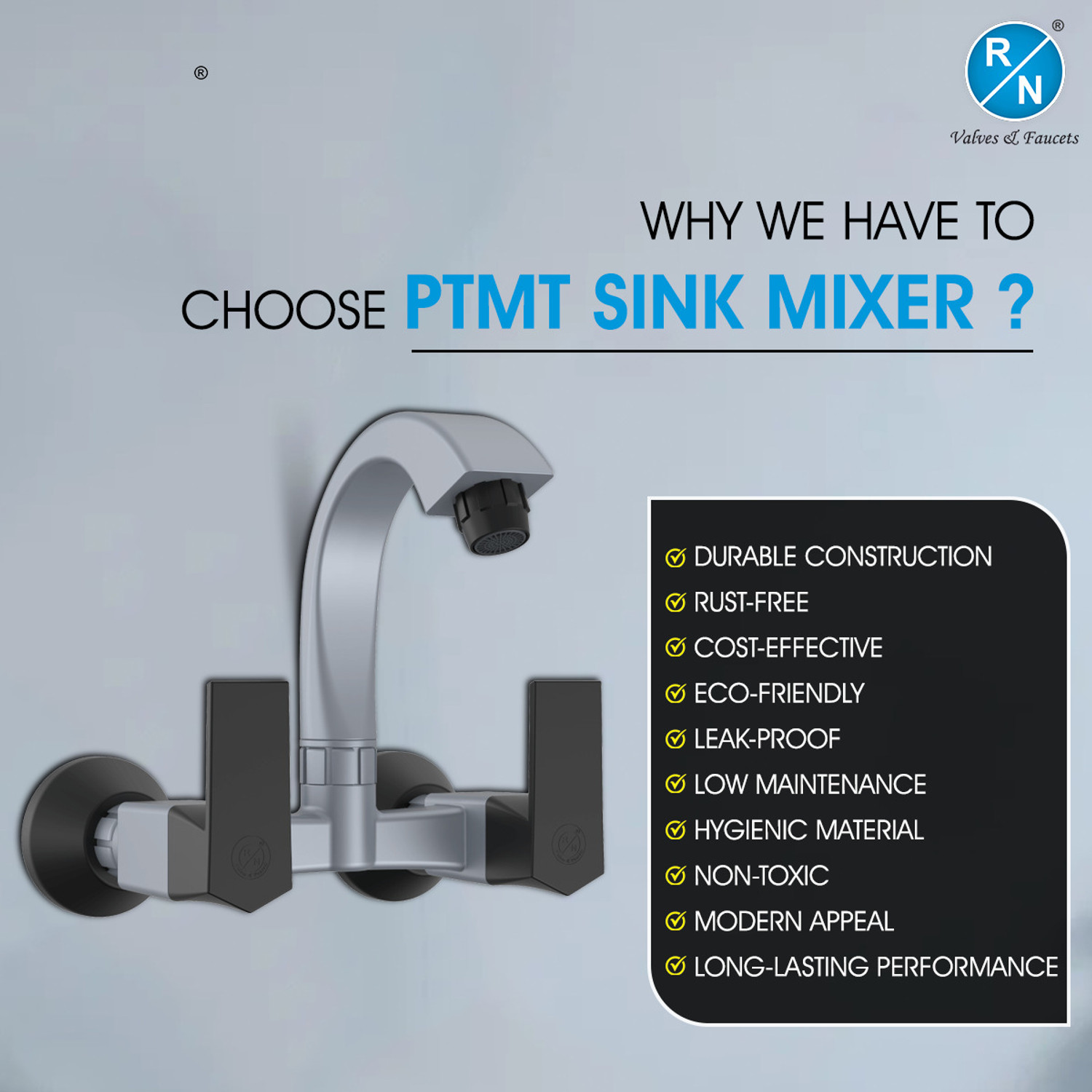 Image of R. N. RNG2009B18 PTMT Superior Plastic Wall Mount Sink Mixer Tap with Flange | Premium Kitchen Faucet for Hot & Cold Water Control | Plastic Kitchen Mixer | Sink Mixer Faucet