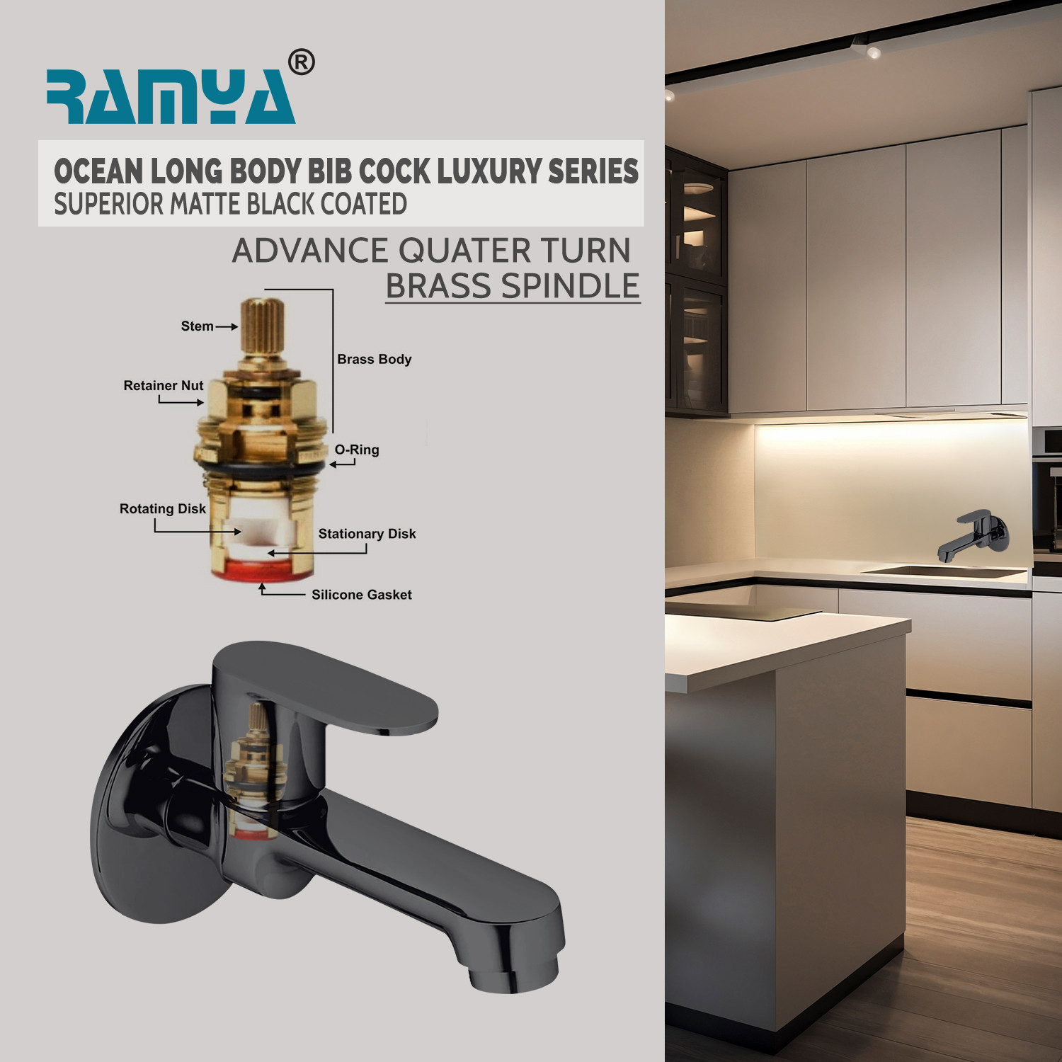 Image of Ramya Ocean Long Body Tap Brass Luxury Series Superior Matte Black Finish Coated Long Body Tap water tap bib tap faucet Bib Tap Faucet