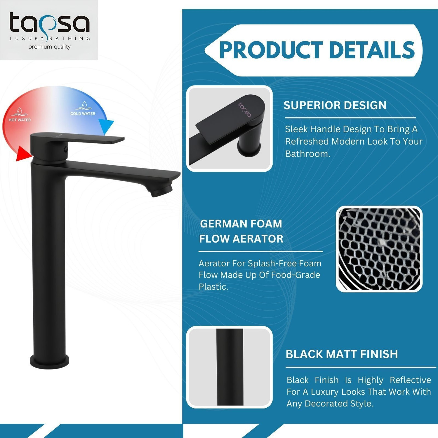 Image of Tapsa Kubix Series Brass Black Single Lever Basin Mixer Faucet|Modern Single Lever| Single Lever|12 Inch Tall Body Faucet|Hot&Cold Water Mixer For Bathroom,Kitchen Basin Mixer Faucet