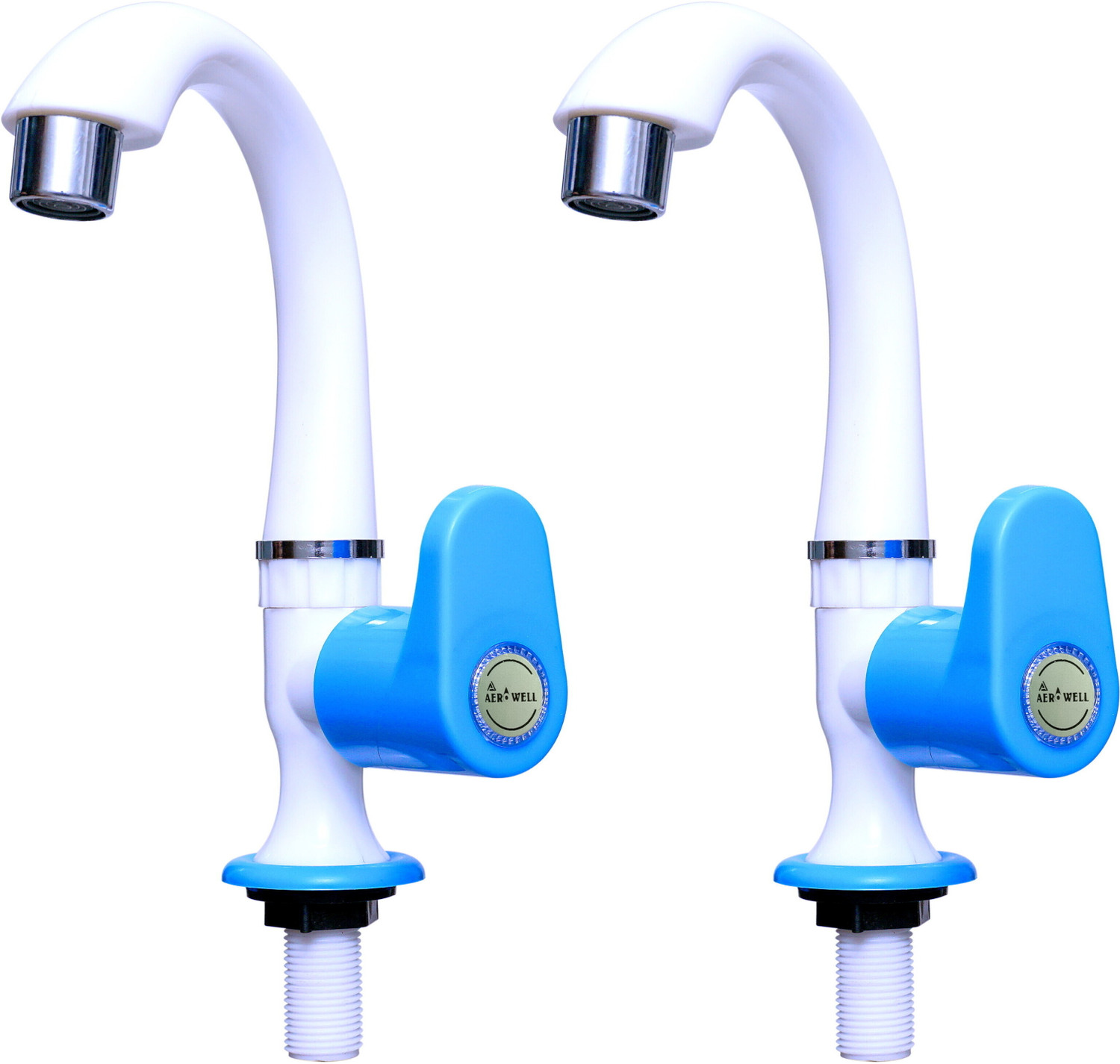 Image of aerowell 2 Pvc Royal Blue Swan Neck Tap With Foam Flow For Bathroom Washbasins Pack Of 2 Pillar Tap Faucet