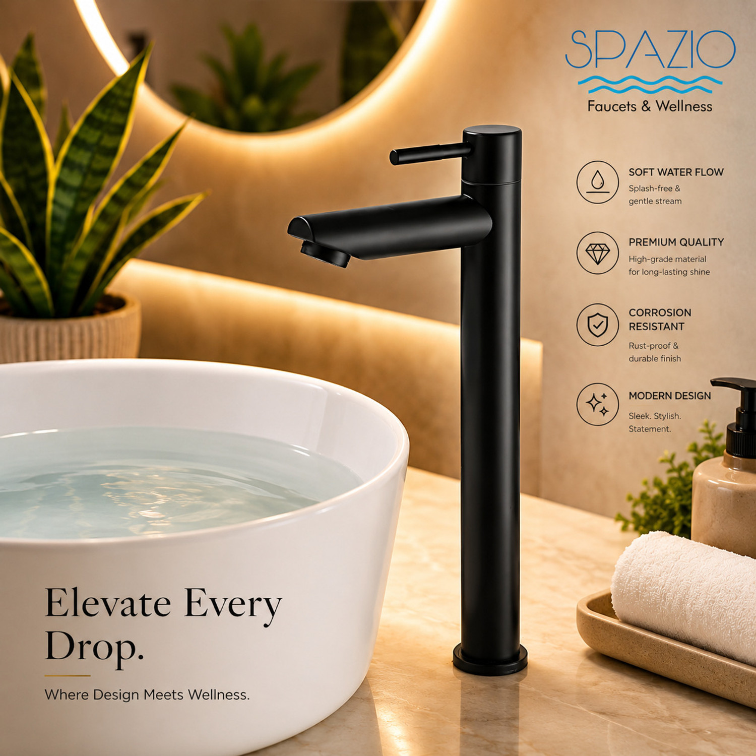 Image of Spazio SmartBuy Black Turbo Tall Pillar Cock Tap And Long Spout (Pack of 1) Pillar Tap Faucet