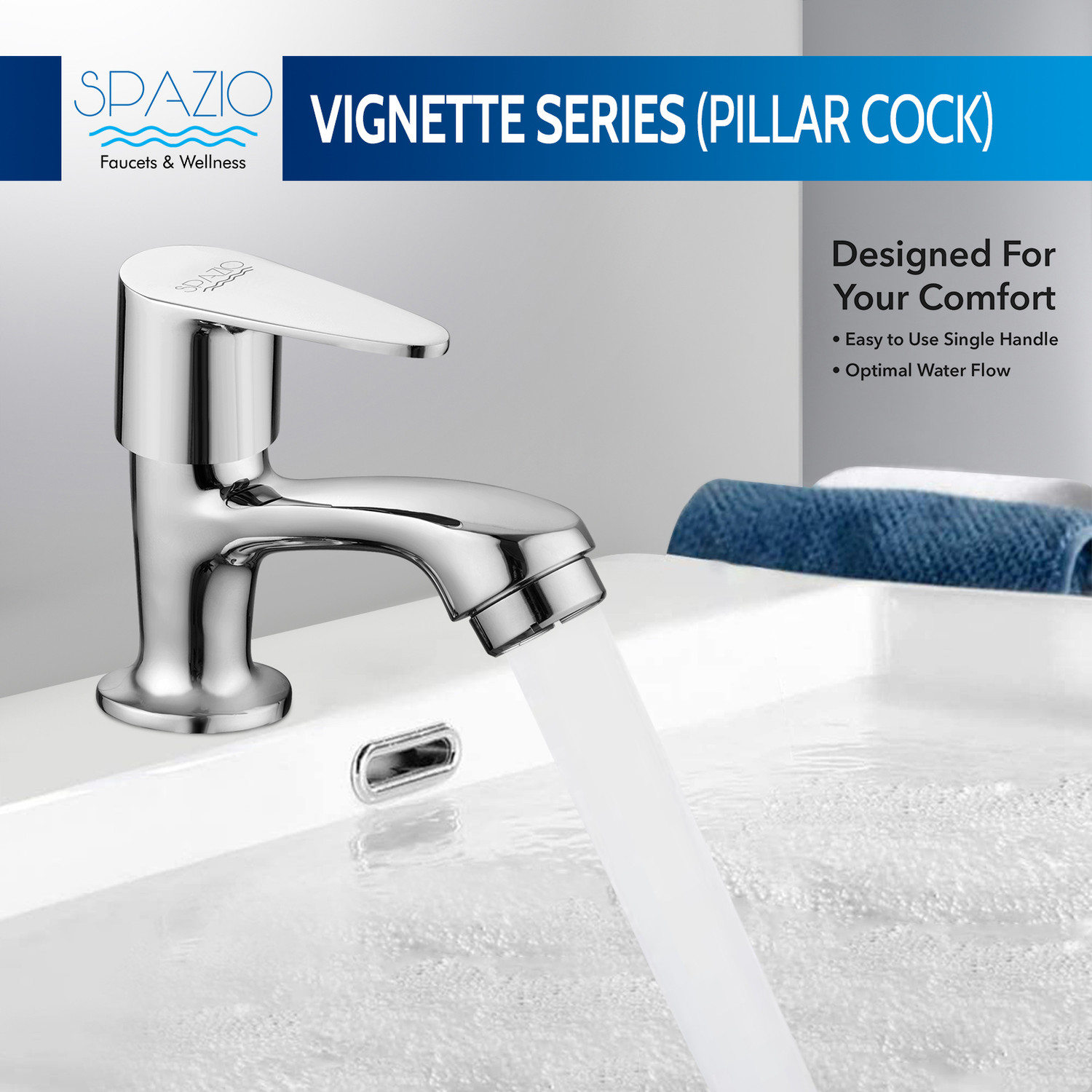 Image of Spazio SmartBuy Vignette Brass Pillar Cock | Basin Tap | Pillar Taps (Pack of 1) For Wash Basin & Bathroom, Chrome Plated Pillar Tap Faucet