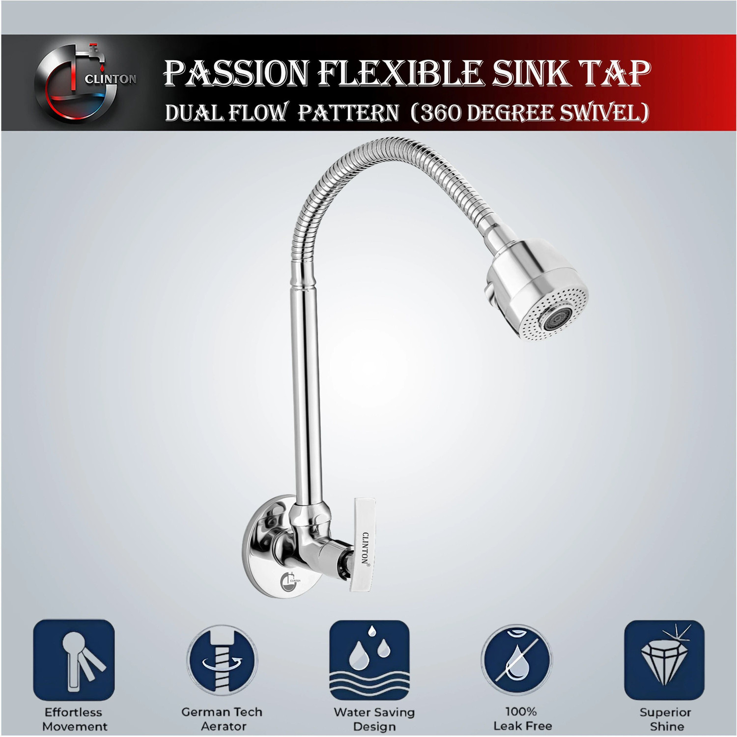 Image of Clinton OCEAN (Brass) Kitchen Sink Spray Spout Flexible Sink Cock with Flange Sink Tap Faucet