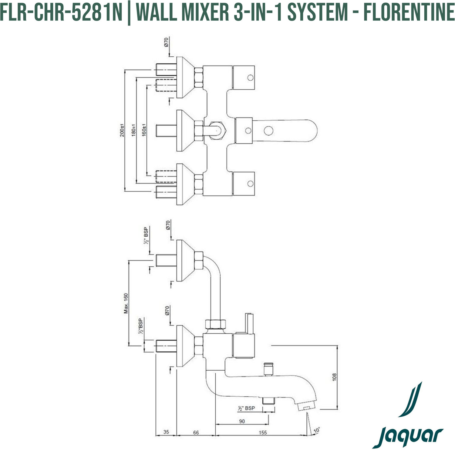Image of Jaquar with 115mm Bend Pipe, Connecting Legs & Wall Flange | FLR-CHR-5281N with 115mm Bend Pipe, Connecting Legs & Wall Flange | FLR-CHR-5281N Wall Mixer Faucet