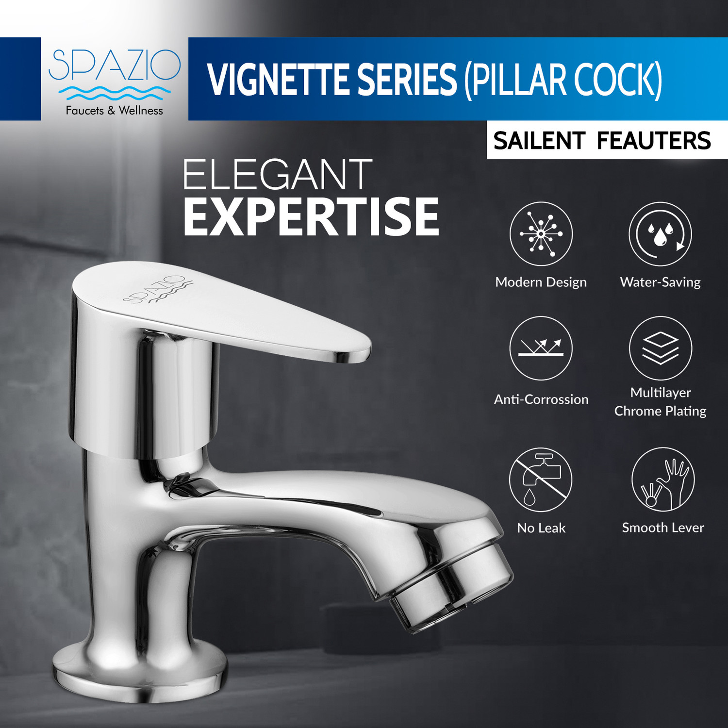 Image of Spazio SmartBuy Vignette Brass Pillar Cock | Basin Tap | Pillar Taps (Pack of 1) For Wash Basin & Bathroom, Chrome Plated Pillar Tap Faucet