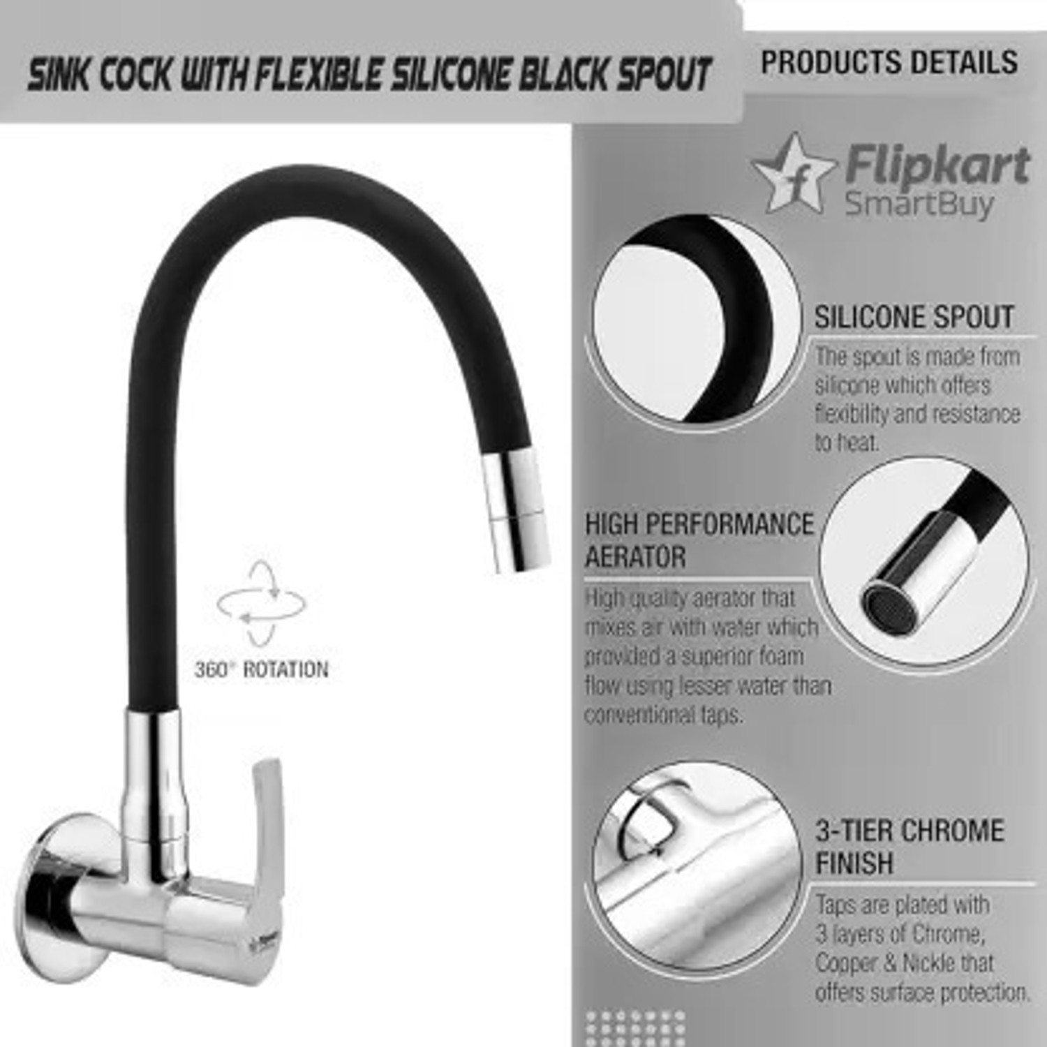 Image of Flipkart SmartBuy Topaz Flexible Sink Cock (Set of 1) Flxo Play With 360 Degree Flexible Black Silicon Swivel Spout& Single Flow Pattern For Hot OR Cold Water With Wall Flange Sink Tap Faucet