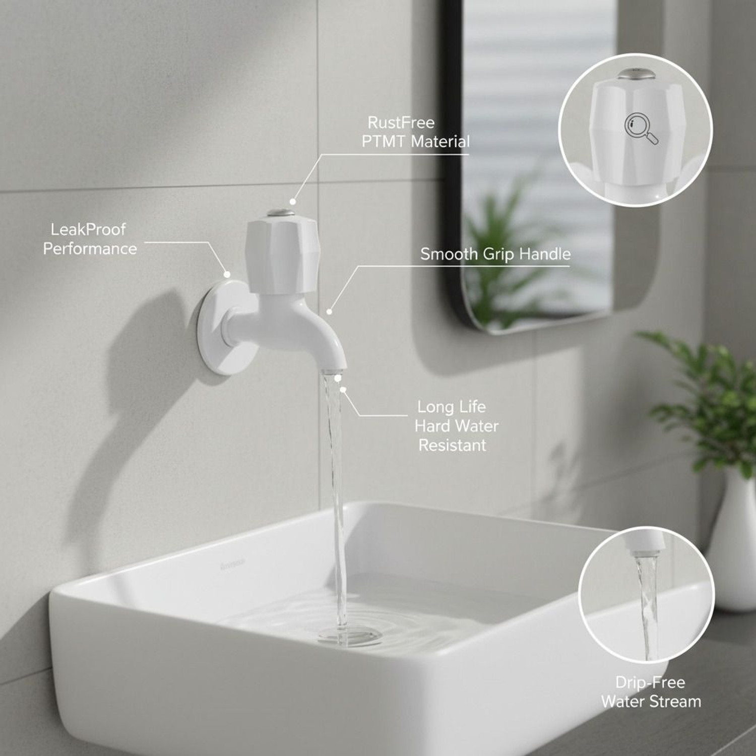 Image of Prayag Fancy Bib Cock Standard 15mm with Flange, PTMT Plastic Tap for Bathroom, White Bib Tap Faucet