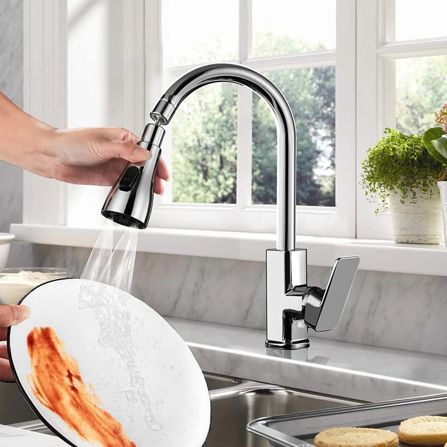 Image of Stadash Tap Extender for Kitchen Sink, 3-Function Pull Down Faucet Extension, Rotatable Splash Filter, Flexible Tap for Kitchen, Bathroom Sink Adjustable Spray Modes Sink Tap Faucet