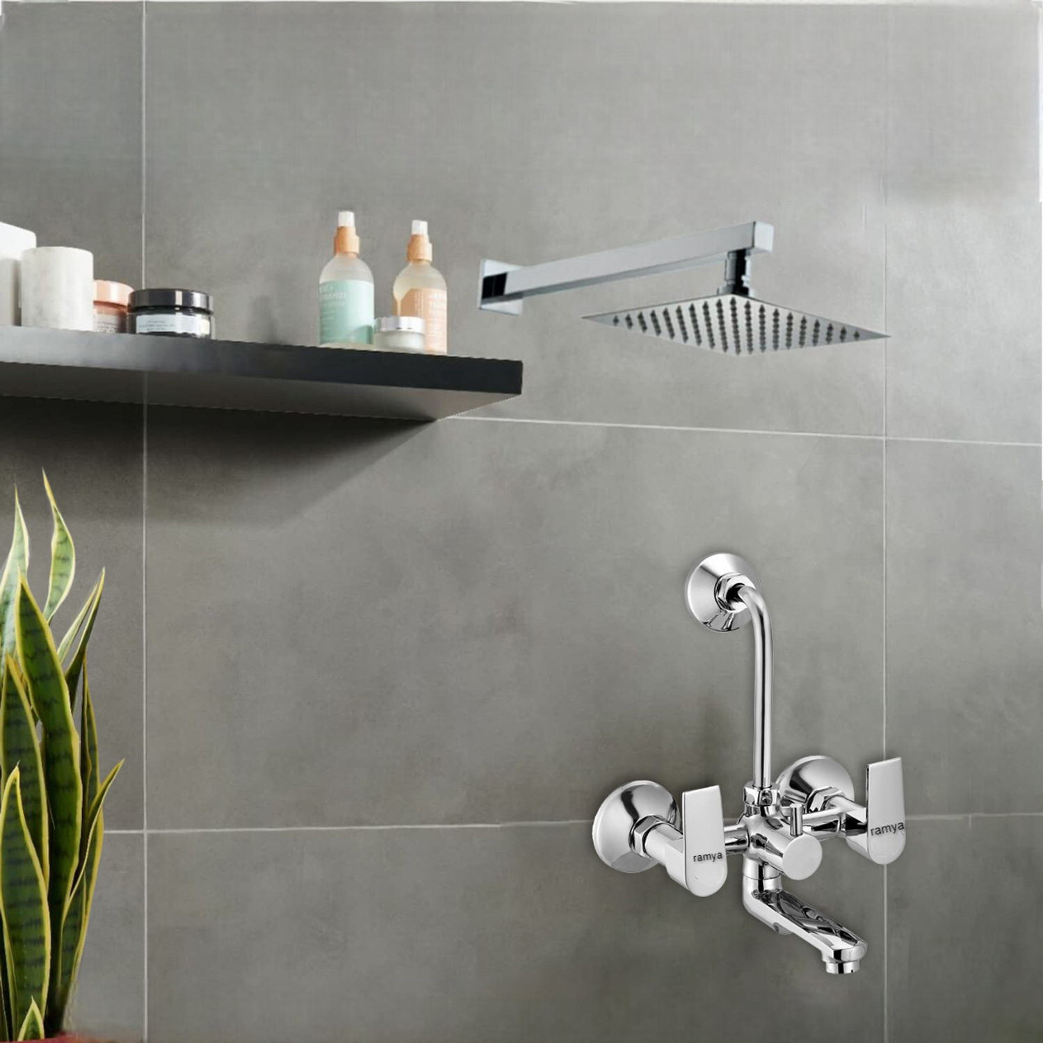 Image of Ramya Prime Wall Mixer With Band & 8x8 Shower Head 15inch Arm For Bathroom Tap Wall Mixer Faucet