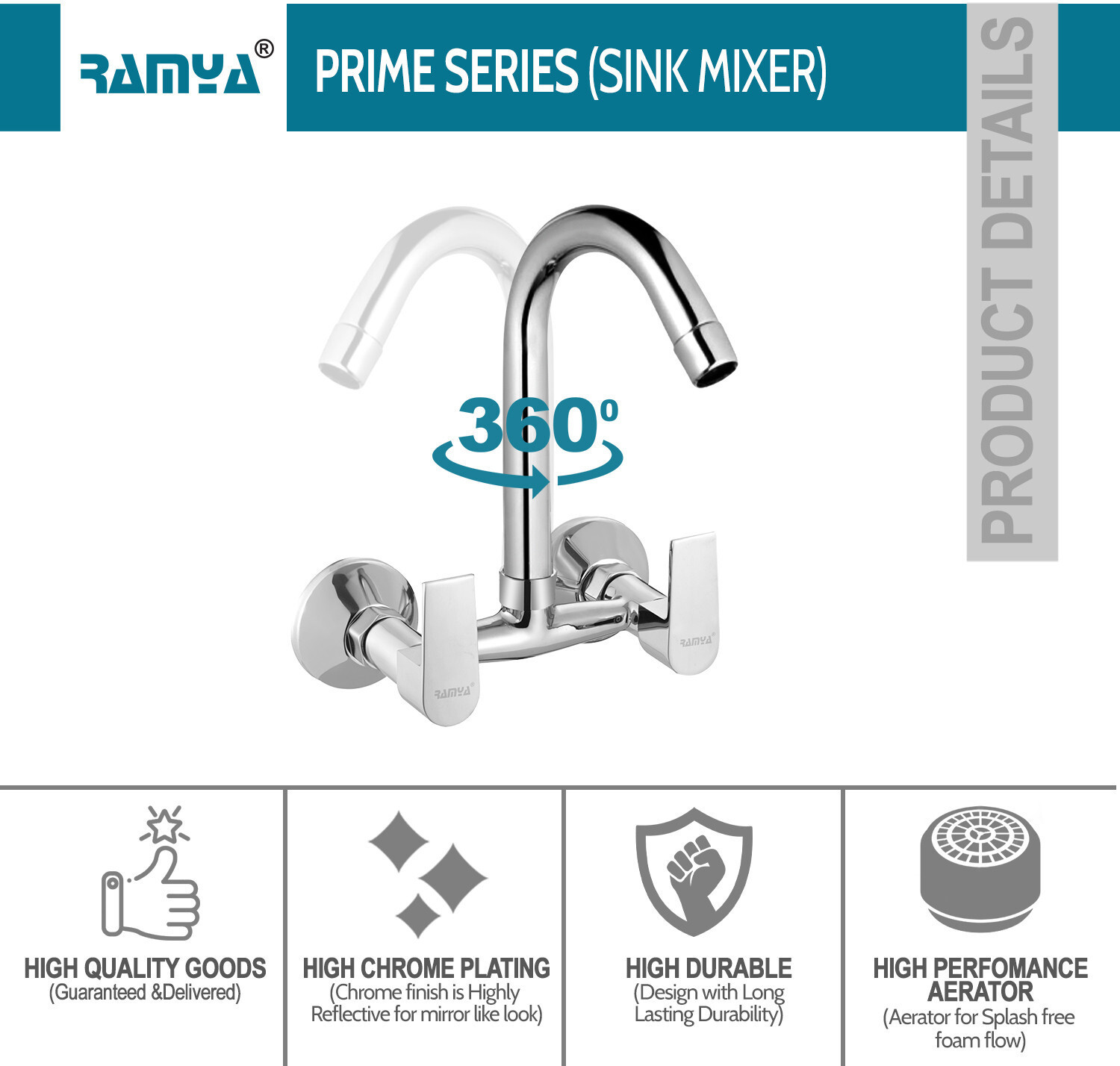 Image of Ramya Prime Sink Mixer Tap For Bathroom and Kitchen Chrome Finish Kitchen Mixer Faucet
