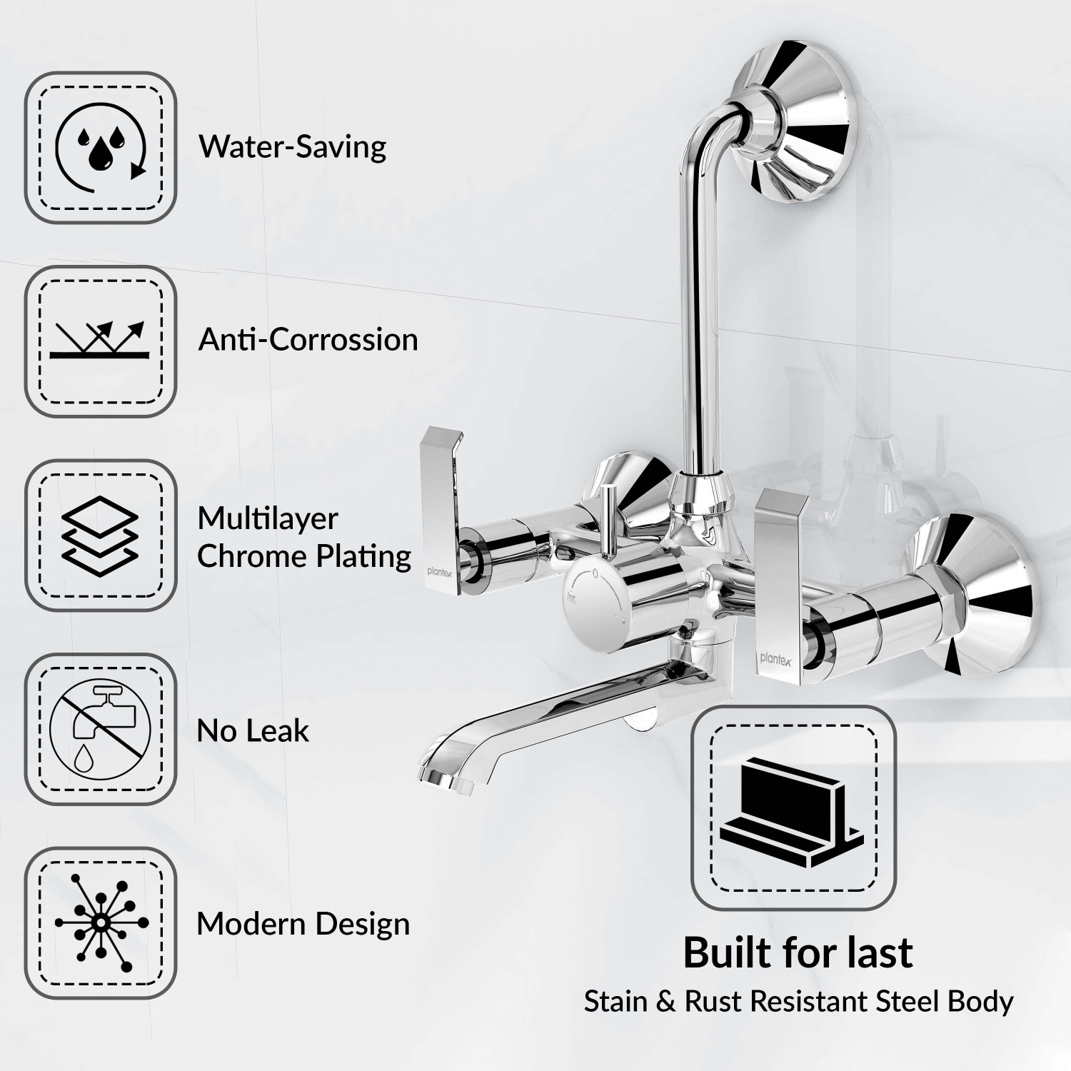 Image of Plantex Steel 2 in 1 Wall Mixer for Bathroom with L-Bend Provision for Overhead and Hand Shower /Mixer Tap for Bathroom with Water Saving Aerator Wall Mixer Faucet