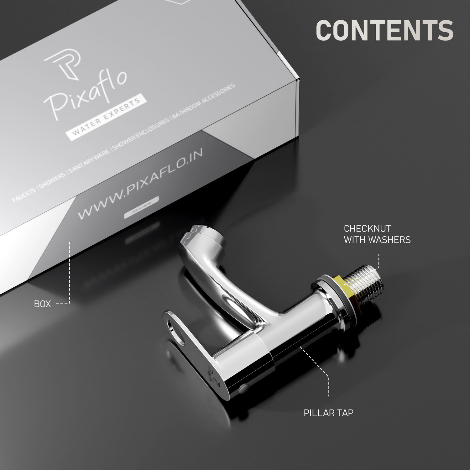 Image of PIXAFLO Admix Pillar Tap for Wash Basin | Steel Finish | Brass | Cold Water Pillar Tap Faucet