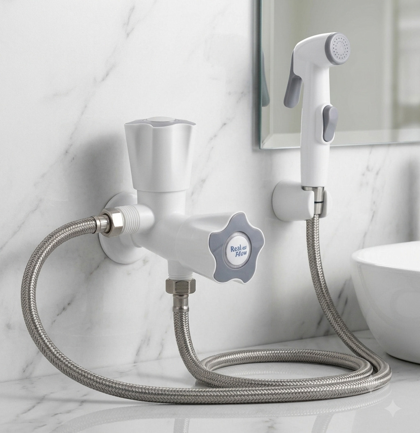 Image of REALFLOW by REAL FLOW Flower 2 IN 1 ANGLE Tap for Kitchen Sink & Wash Basin Grey Dual-Flow Faucet