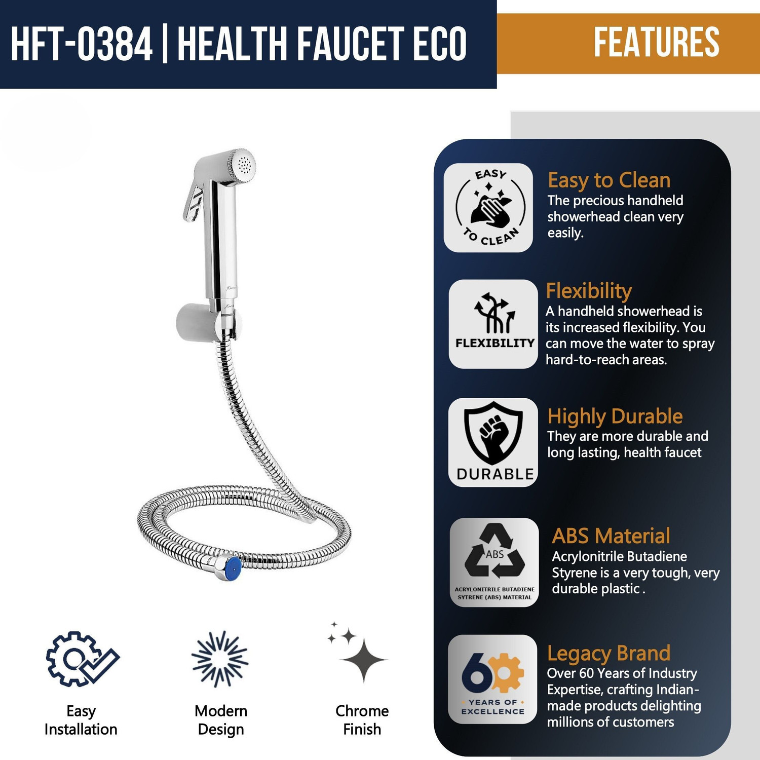 Image of KAMAL Chrome Finish Health Faucet Eco with 1 Mtr SS Flexible Hose Pipe Wall Hook 1.25 Meter Flexible Hose Pipe and Wall Hook-Silver Health Faucet