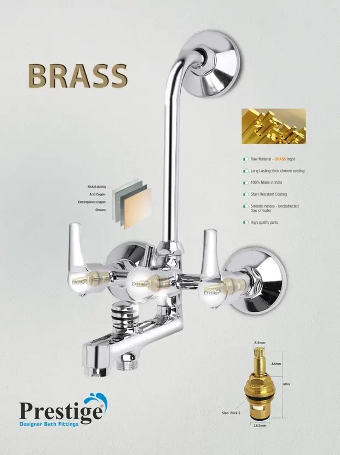 Image of Prestige Step Wall Mixer 3-in-1 | Wall Mounted Bathroom Mixer with L Band Step Wall Mixer 3-in-1 Wall Mixer Faucet