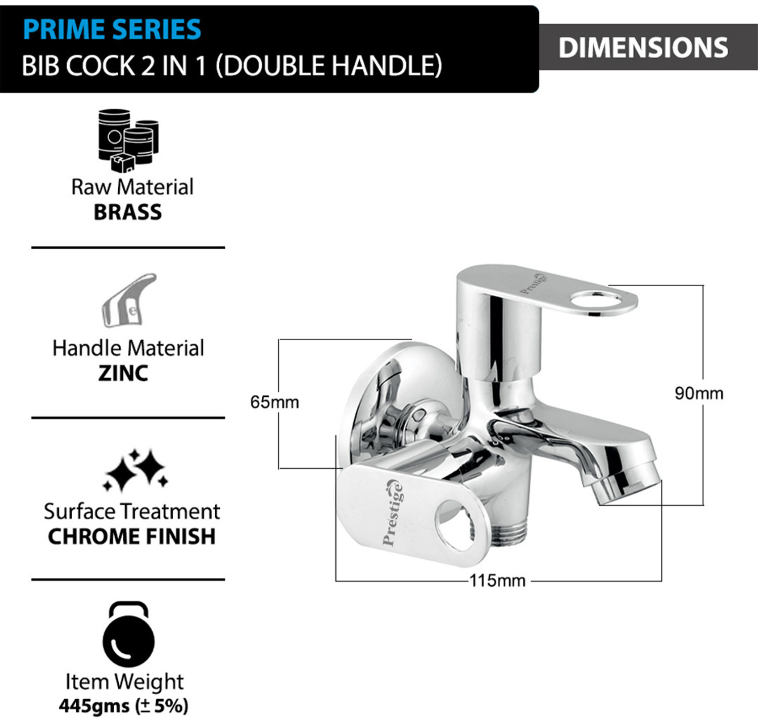Image of Prestige 2 in 1 Brass Bib Cock with Flange, Dual Outlet Tap for Bathroom Bib Tap Faucet