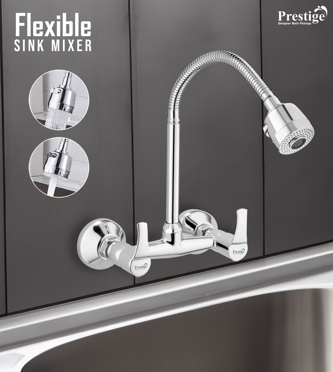Image of Prestige Step Brass Flexible Sink Mixer with Dual Flow Flexible Swivel Spout, Wall Mixer Faucet