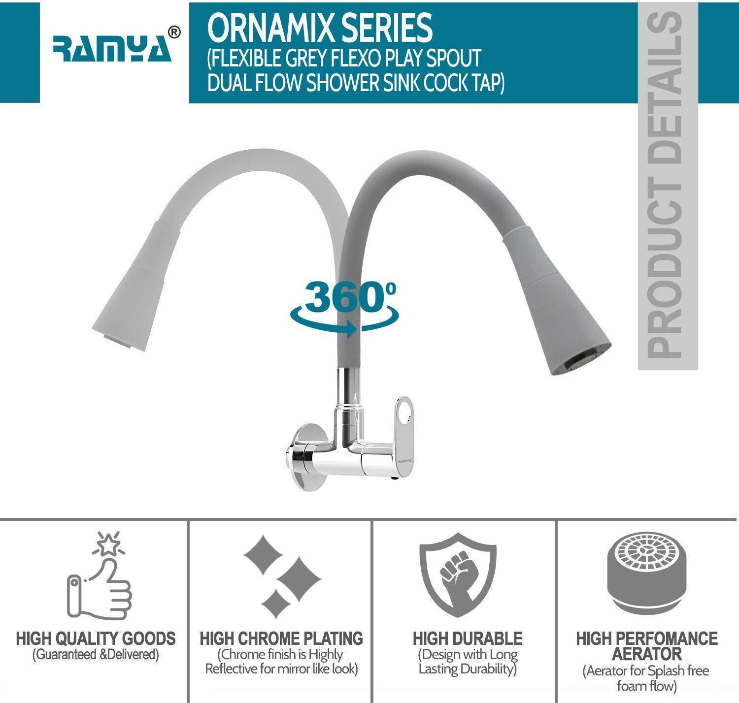Image of Ramya ORNAMIX Smart Flexible Sink Tap Grey (With 360 Degree Flexible Silicon Hose & Dual Flow Pattern) Cold Water Tap Pillar Tap Faucet