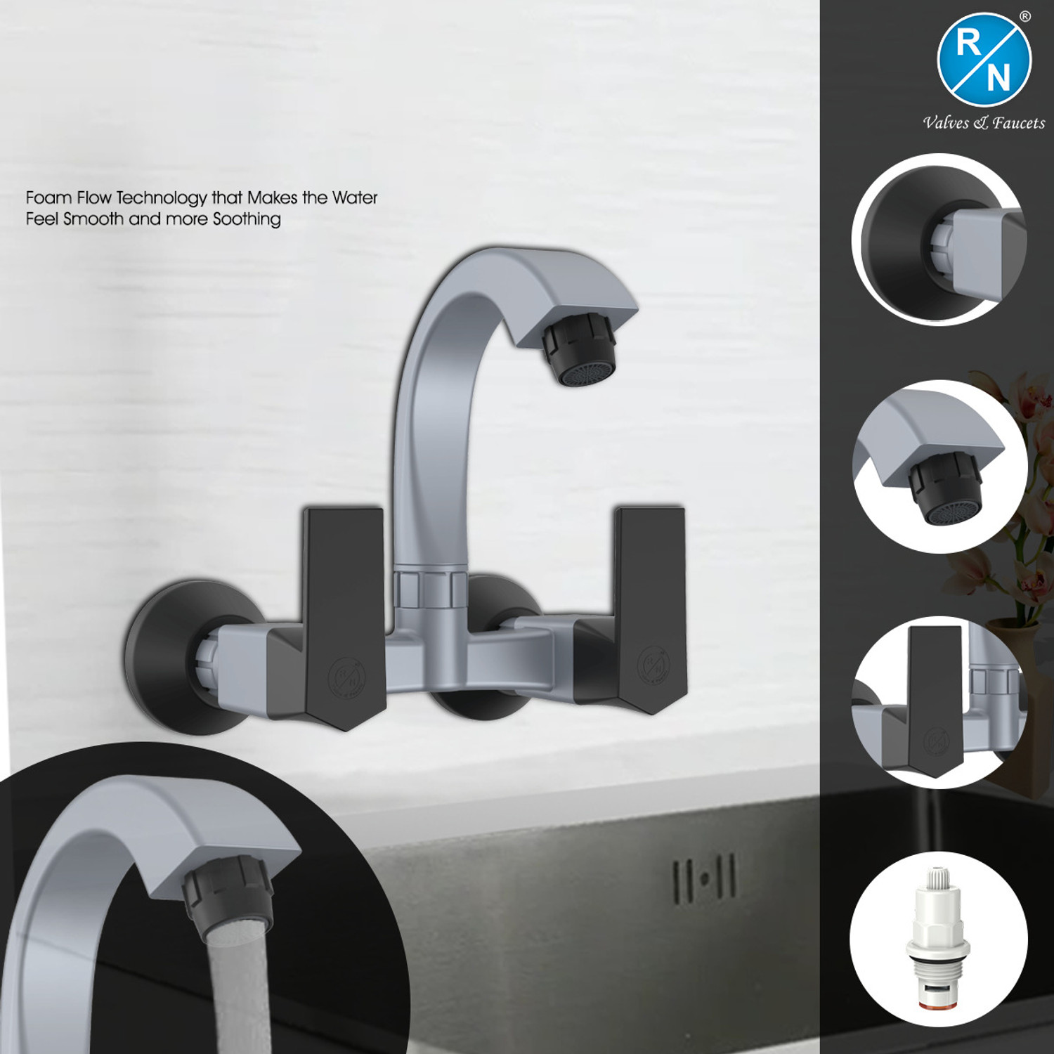 Image of R. N. RNG2009B18 PTMT Superior Plastic Wall Mount Sink Mixer Tap with Flange | Premium Kitchen Faucet for Hot & Cold Water Control | Plastic Kitchen Mixer | Sink Mixer Faucet