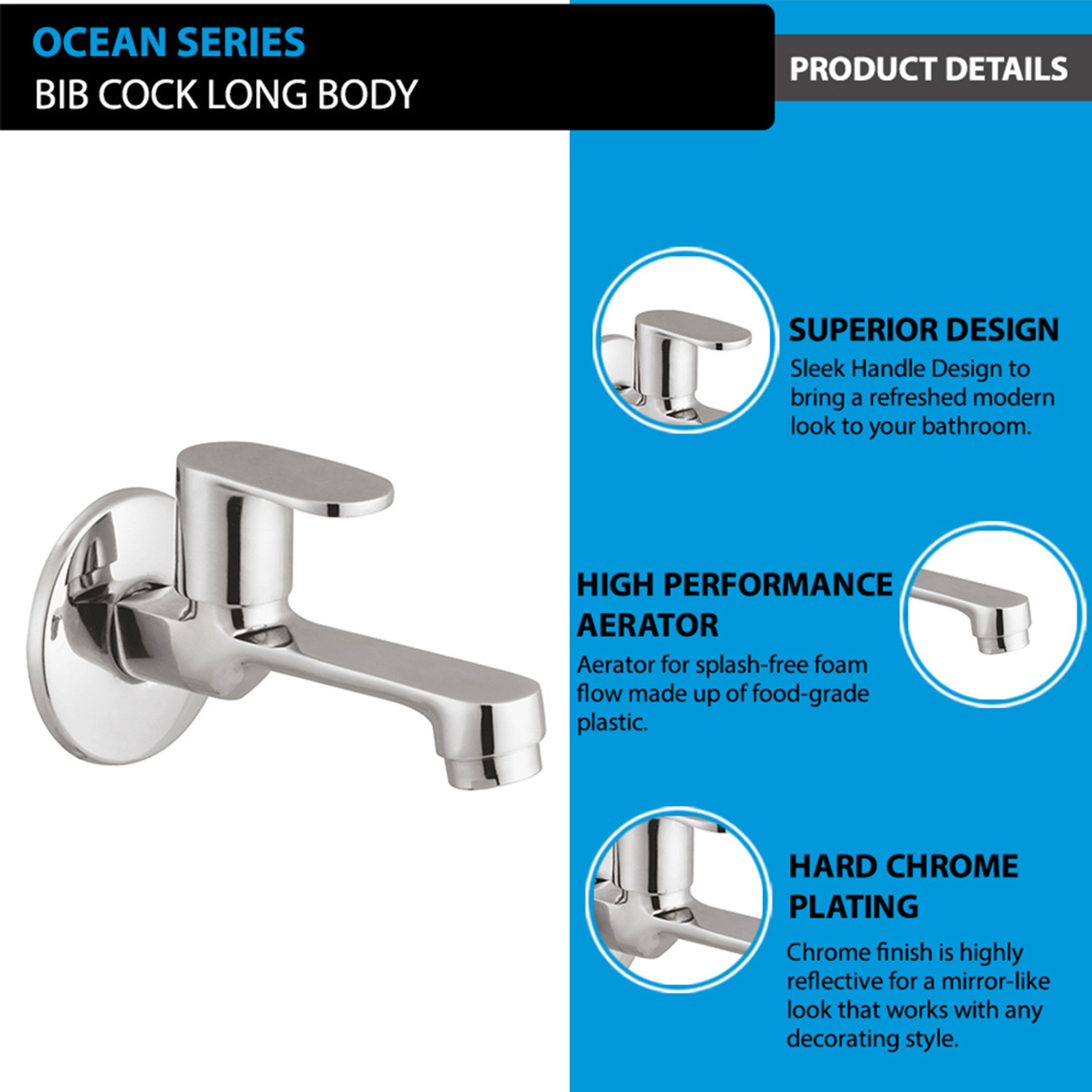 Image of Prestige Ocean Series Long Body Bib Cock Brass Tap for Bathroom Bib Tap Faucet