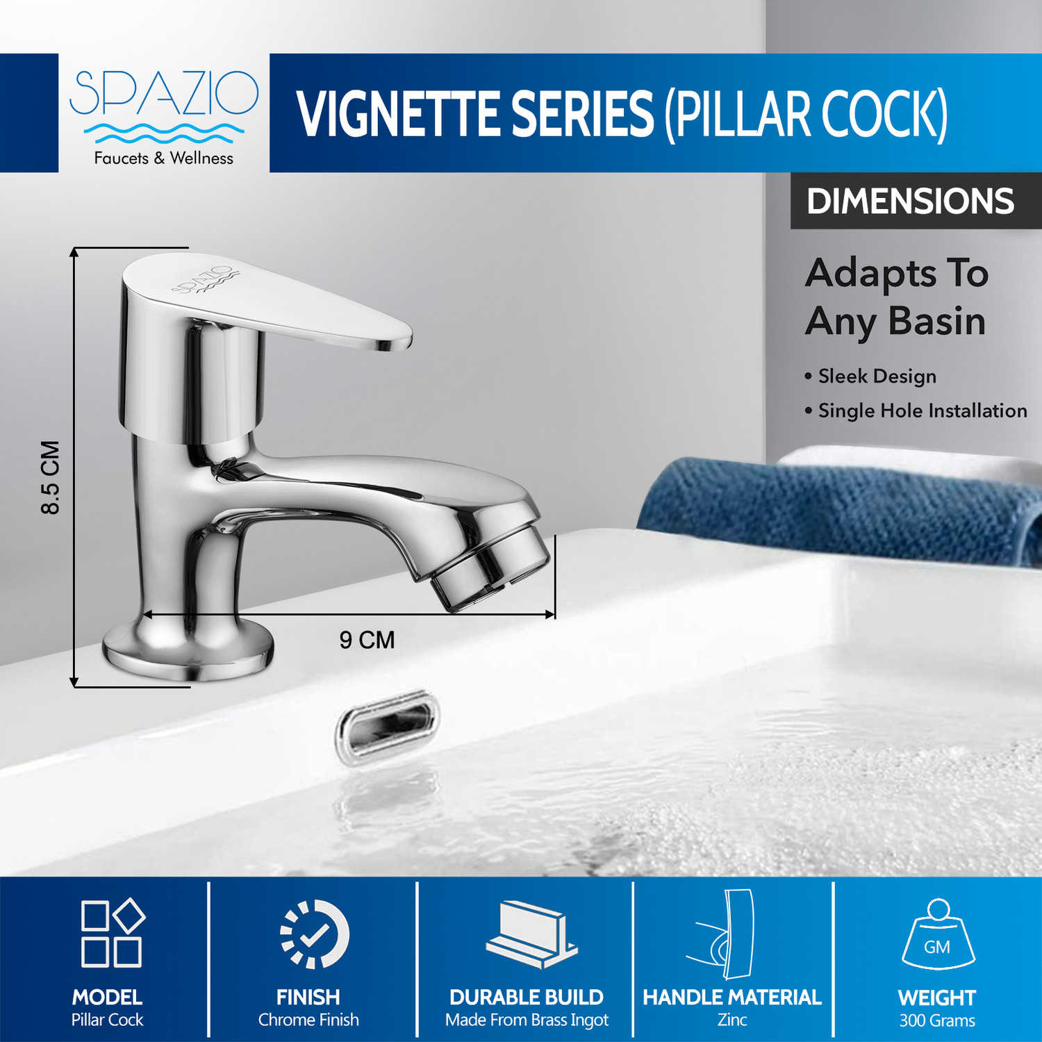 Image of Spazio SmartBuy Vignette Brass Pillar Cock | Basin Tap | Pillar Taps (Pack of 1) For Wash Basin & Bathroom, Chrome Plated Pillar Tap Faucet