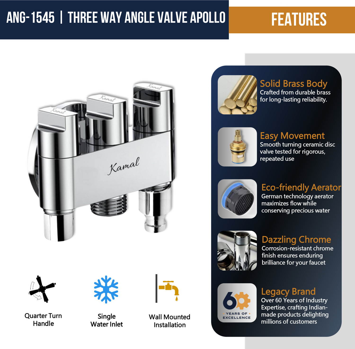 Image of KAMAL Three in One Brass Angle Valve with Wall Flange, Foam Flow Aerator & Washing Machine Nozzle for Health Faucet, Jet Spray | Chrome Finish 3 Way Control Tap Angle Cock Faucet