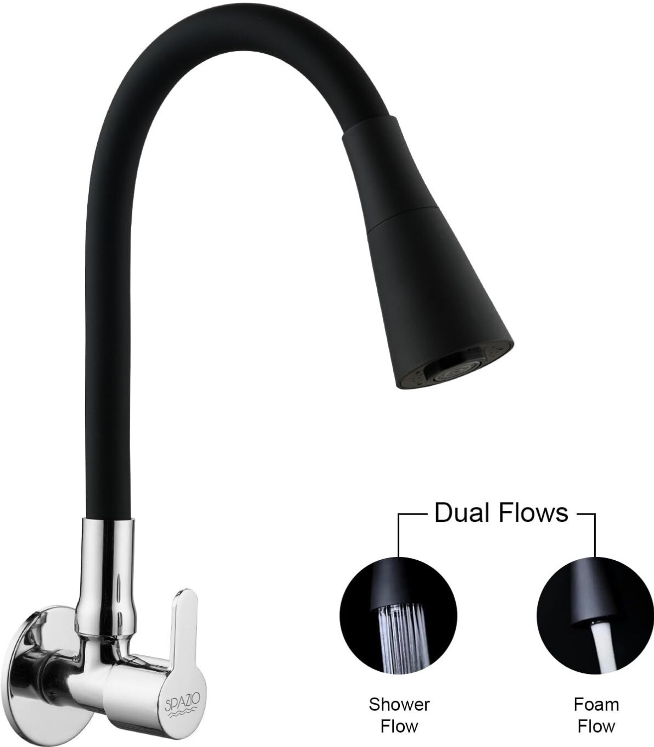 Image of Spazio SmartBuy Fusion Sink Cock-Flxo Play And 360 Degree Flexible Black Silicon Swivel Spout & Dual Flow Pattern For Hot OR Cold Water And Wall Flange Pillar Tap Faucet (Wall Mount Installation Type)
