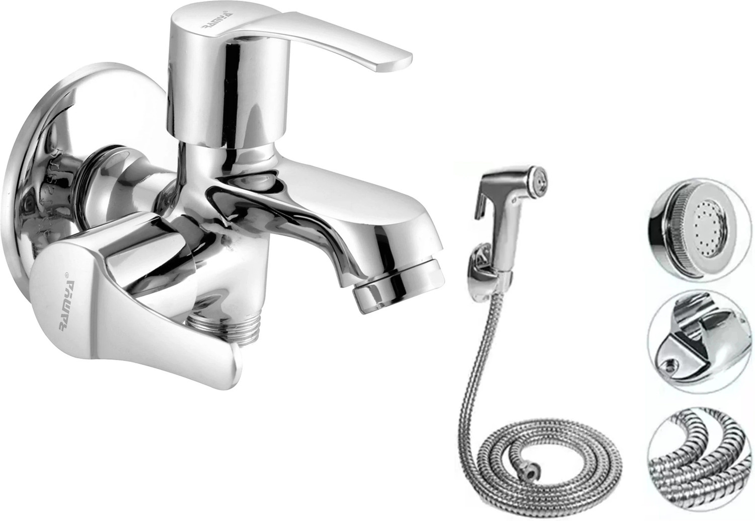 Image of Ramya Spark Bib Cock 2 Way With Soft Health Faucet Complete Set For Kitchen And Bathroom Tap Twin Elbow Valve Faucet