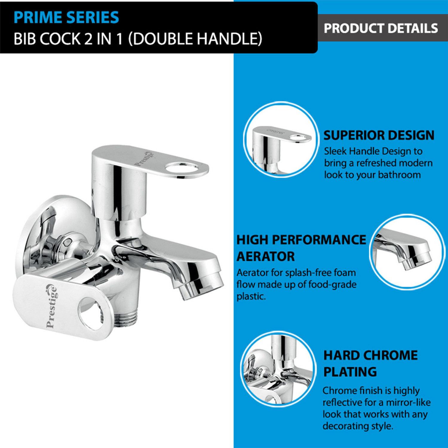 Image of Prestige 2 in 1 Brass Bib Cock with Flange, Dual Outlet Tap for Bathroom Bib Tap Faucet