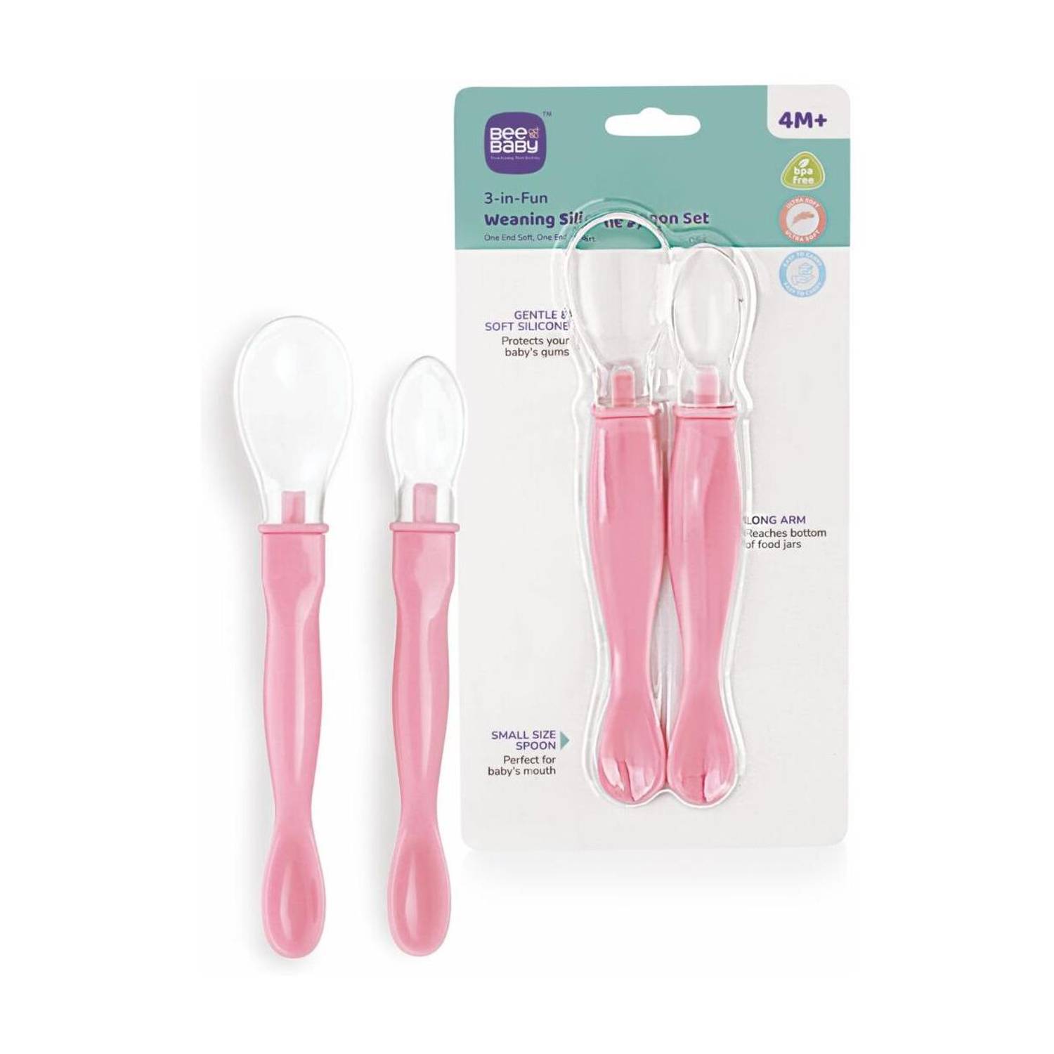Beebaby 3 in 1 Weaning Silicone Spoon Set with Dual End Spoon for Feeding Newborns/Baby  - Handle- Plastic Polypropylene, Spoon Tip - Liquid Silicone Rubber 100% BPA FREE