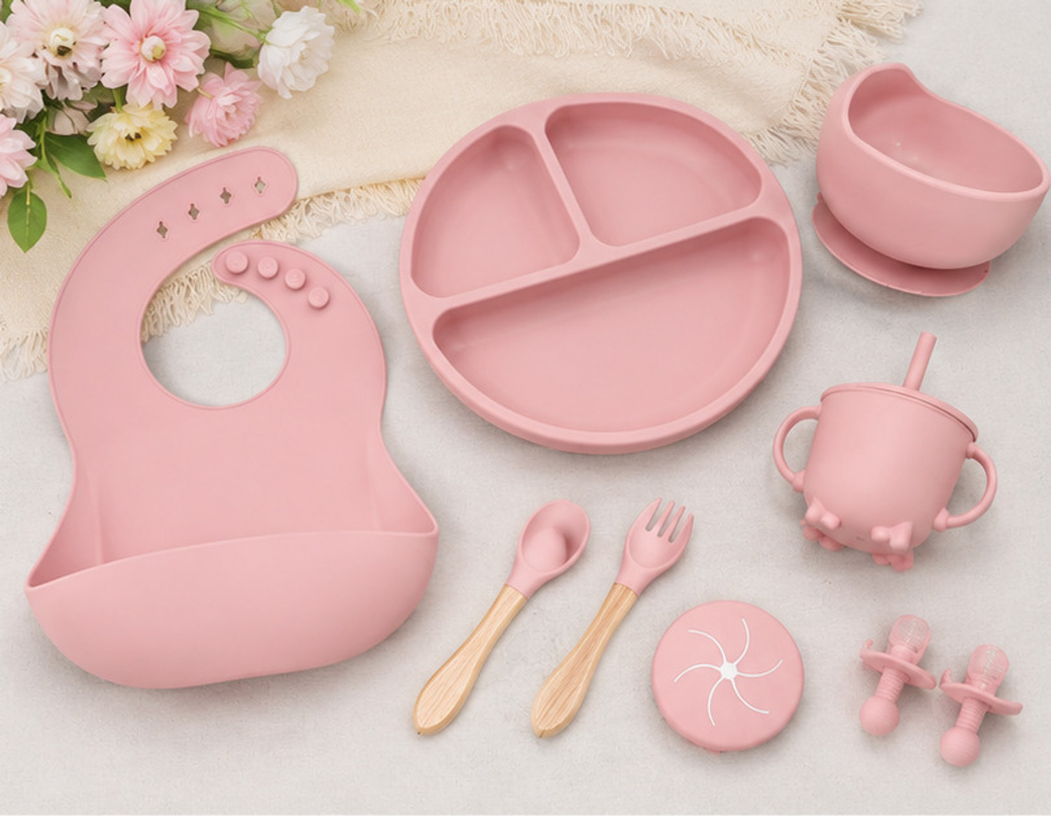 Image of TAVAHB 9 PCS Premium Silicone Baby Feeding Set - Pink - Silicone (Pink)