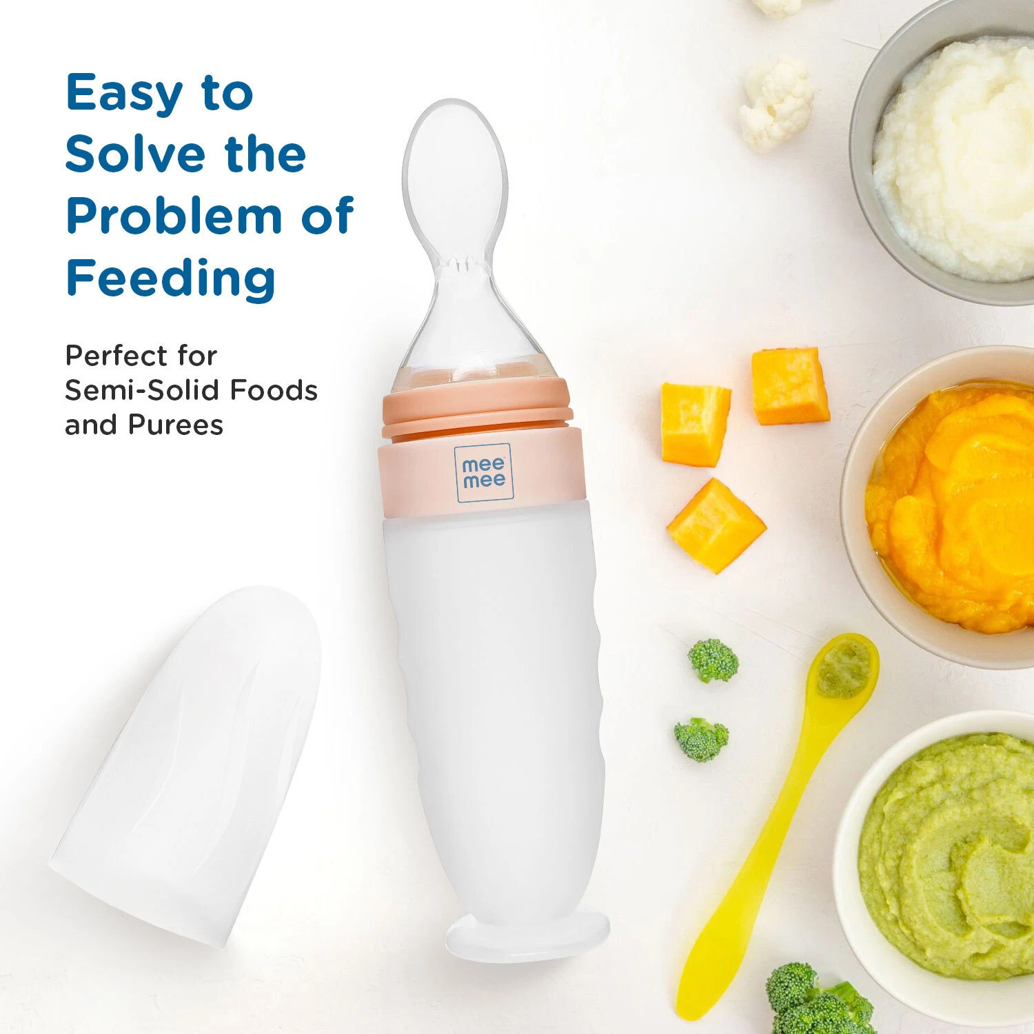 Image of MeeMee Baby Food Feeder Mini Meal Silicone Spoon Bottle for 6+ Month Baby, BPA Free - Silicone (Orange)
