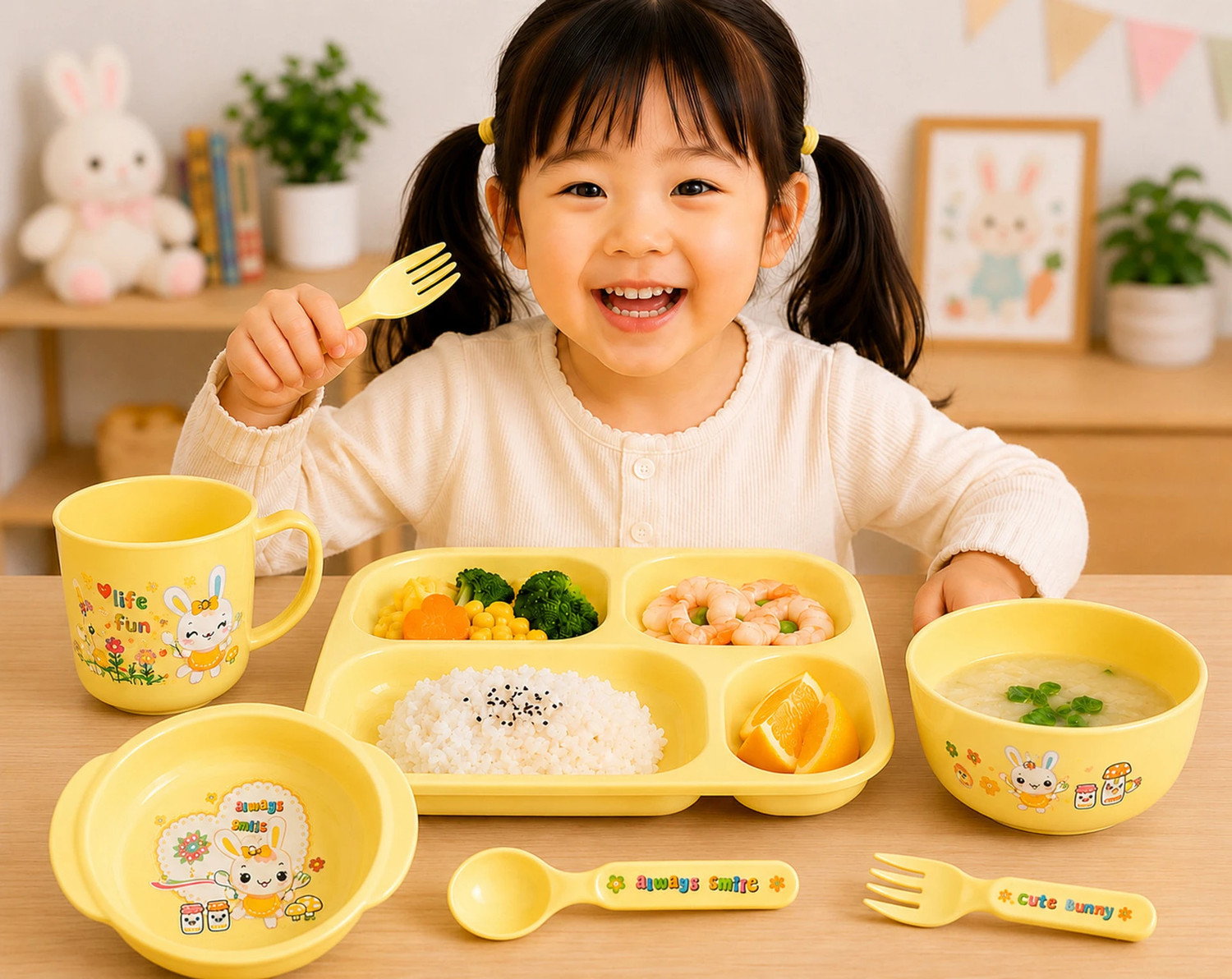 Image of Smiley mia Baby Cartoon Plastic Dinnerware feeding set - Plate , 2 Bowl ,Cup , Fork & Spoon - Silicone
