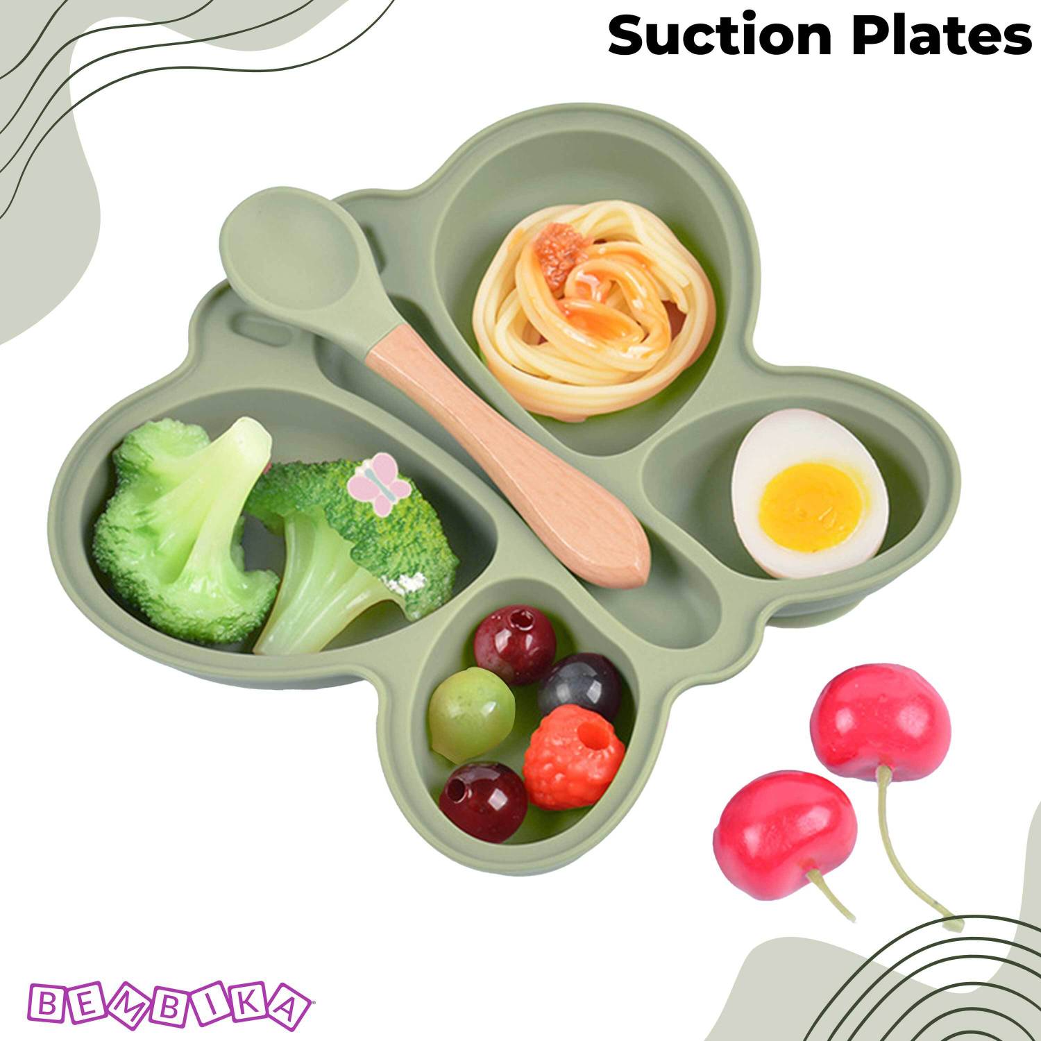 Bembika Baby Dinner Set Silicone Tableware Eating Utensils Butterfly - Olive  - Silicone