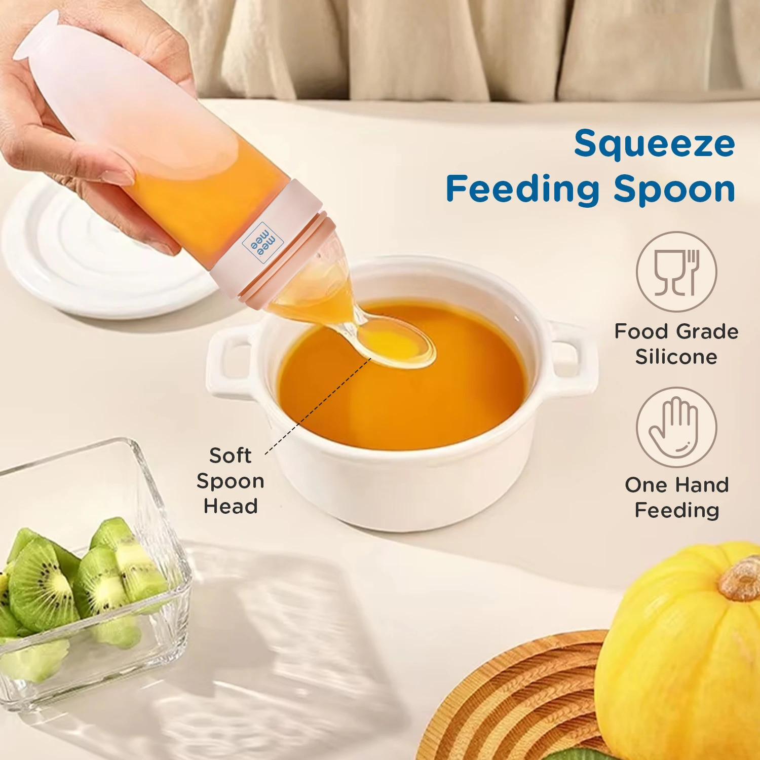 Image of MeeMee Baby Food Feeder Mini Meal Silicone Spoon Bottle for 6+ Month Baby, BPA Free - Silicone (Orange)
