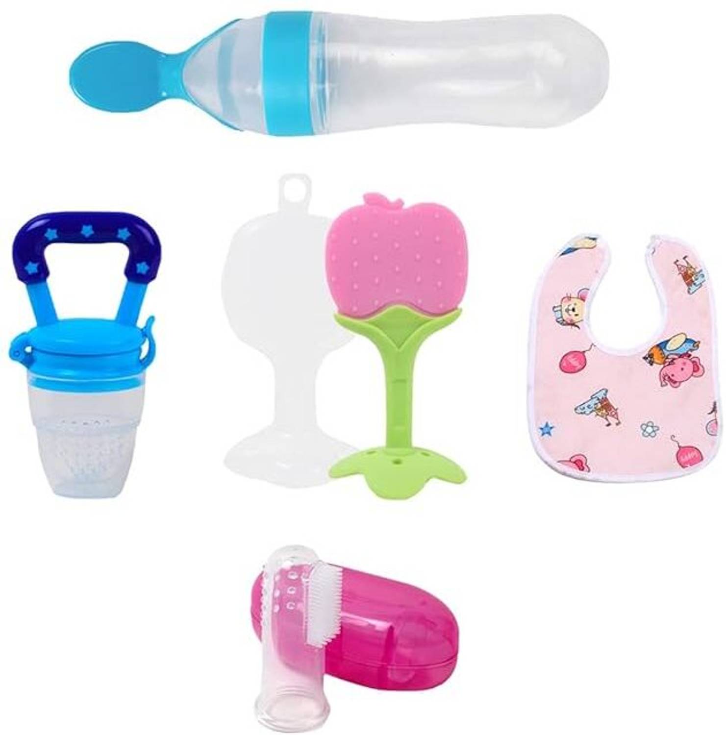 Aabhir Trader Baby Tree Teether,Spoon Feeder,Food nibbler, Finger Brush, Button bib Combo Pack - Silicon